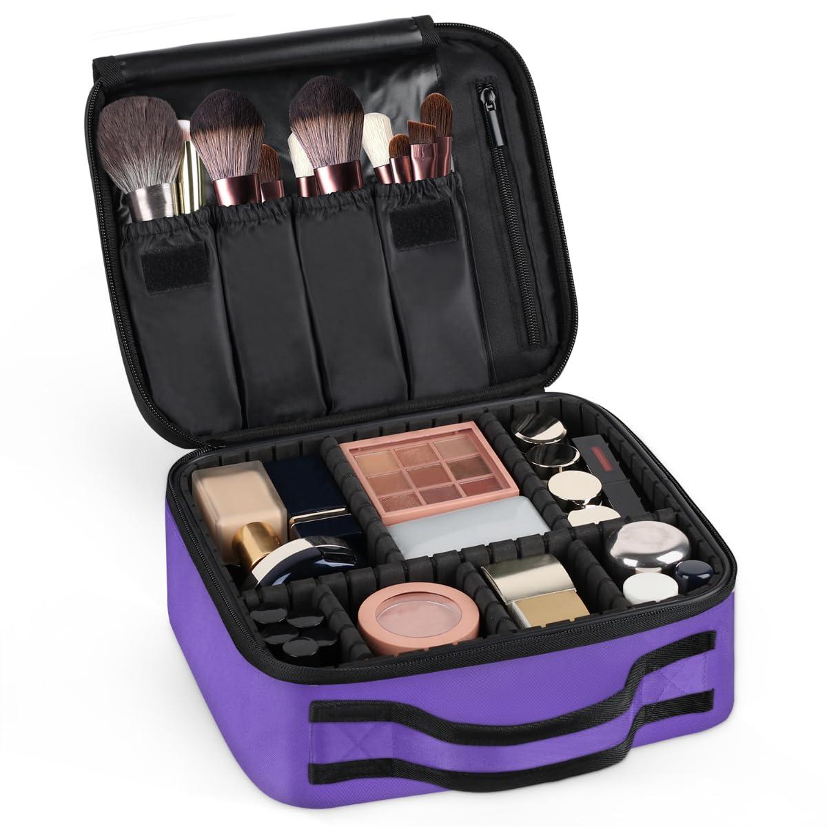 Skonsati Skonsati Personalized Makeup Bag Initial Make Up Cosmetic Case Travel Makeup Train Case with Adjustable Dividers for Women Her Friend Female Mom Teacher Sister Teenager-Purple