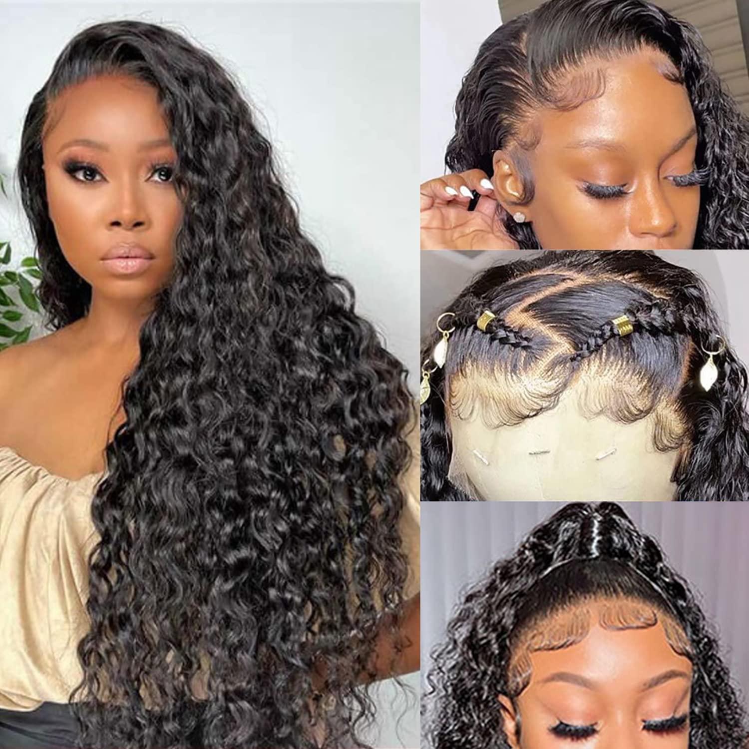 SNJON SNJON 13x6 Lace Front Wigs Human Hair 180 Density HD Transparent Frontal Wigs Human Hair Water Wave Wigs for Women Curly Lace Frontal Wet and Wavy Human Hair Wig Pre Plucked with Baby Hair (32 Inch)
