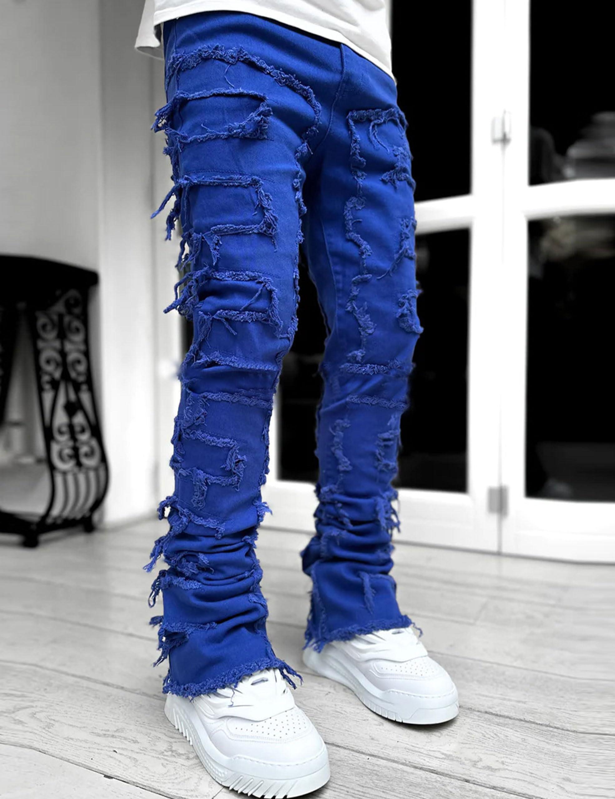 COOLMONAR COOLMONAR Men\'s Ripped Distressed Destroyed Slim Fit Straight Leg Denim Jeans