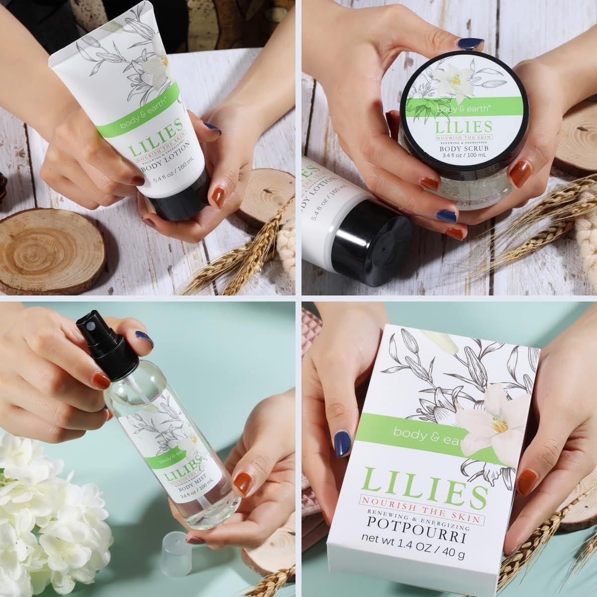 BODY & EARTH Spa Gift Baskets For Women Body & Earth 10pcs Spa Gifts For Women, Lily Gift Baskets Bath and Body Works Gift Set For Women with Bubble Bath, Body Lotion, Christmas Gift Baskets for Women Bath Set