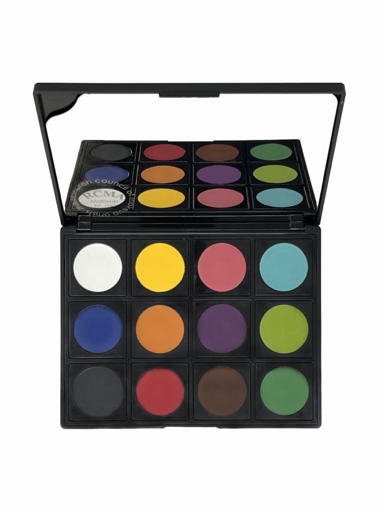 RCMA Makeup RCMA 12-Shade Color Makeup Pro Palette | Face, Lip and Eye | Professional Makeup | white, yellow, pink, tourquoise, blue, orange, purple, lime, green, black red, brown and green | Halloween |1.09oz