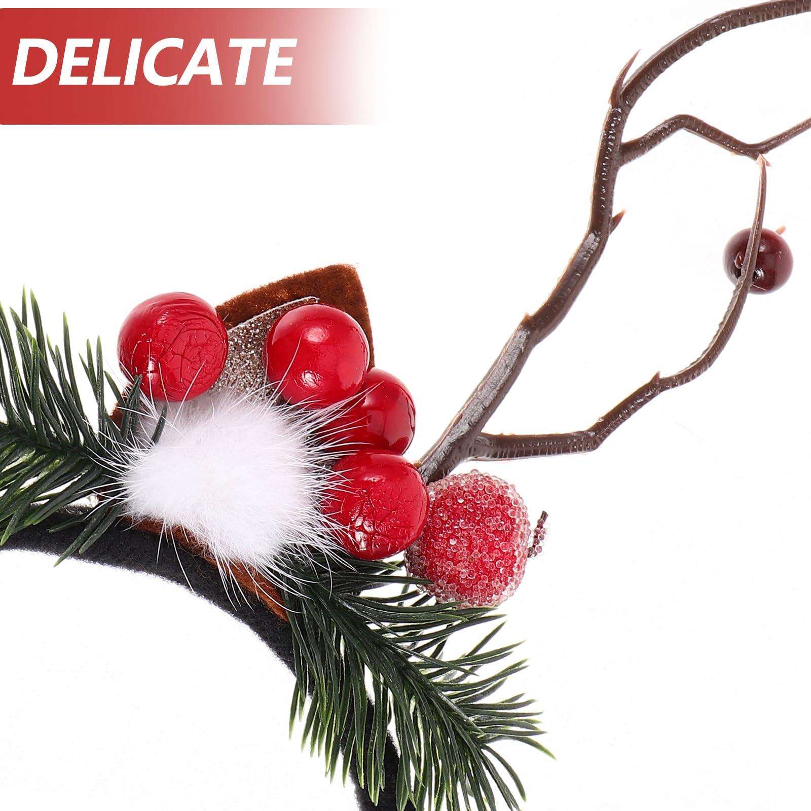 LOGOFUN LOGOFUN Christmas Antler Headband Xmas Antler Hair Band with Red Berries and Hairball Christmas Elk Horns Headdress for Women Girls Xmas Party Costume Hair Accessories