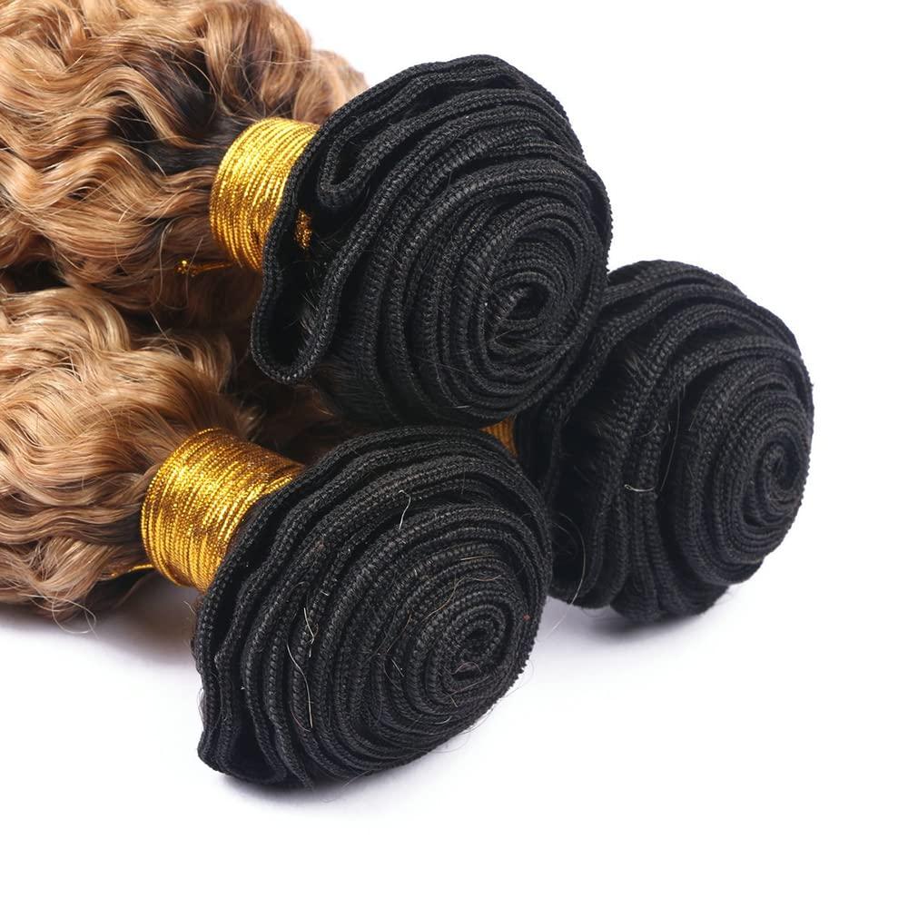 NiegMeag 1B/27 Human Hair Bundles Honey Blonde Deep Wave Bundles 2 Tone Color #1B and #27 Bundles Brazilian 8A Virgin Human Hair 3 Bundles 12 14 16 Inch 1B/27 Deep Wave Bundles