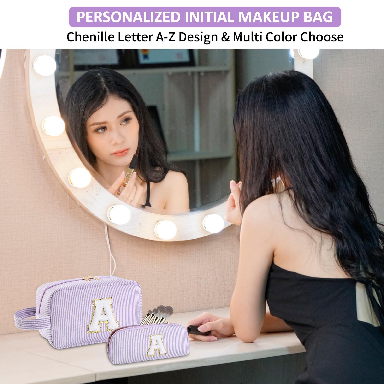 Huifen Huifen 2pcs Personalized Initial Makeup Bag A-Z, Travel Toiletry Bag Preppy Make Up Bags Girls Cute Cosmetic Pouch Makeup Organizer Wedding Birthday Mothers Day Gifts for Women (Purple, J)