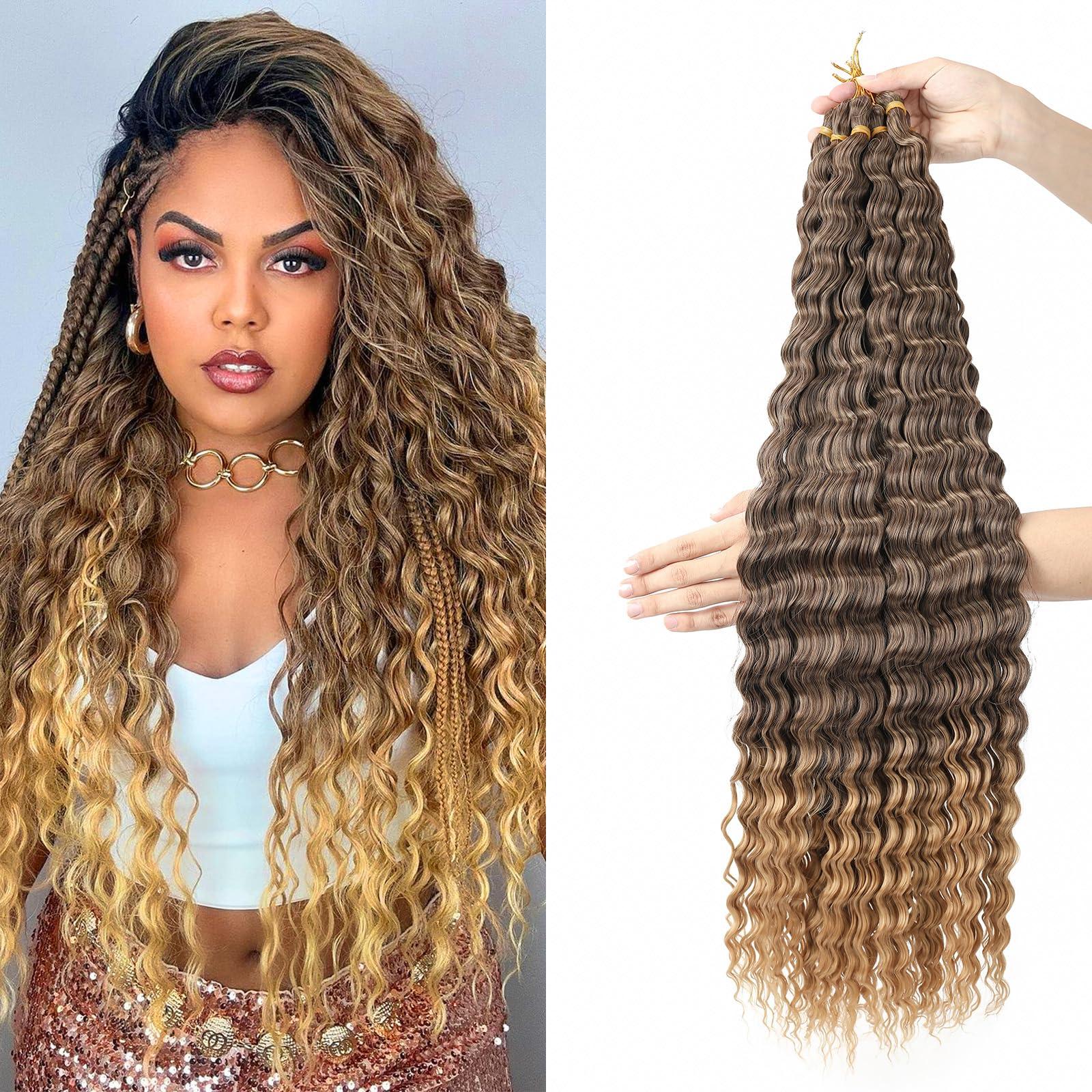 Love ORNAN Ocean Wave Crochet Hair 24 inch 7 Packs Long Deep Wave Curly Braiding Hair Soft Synthetic Curly Crochet Hair For Black Women(24 Inch, 4/27