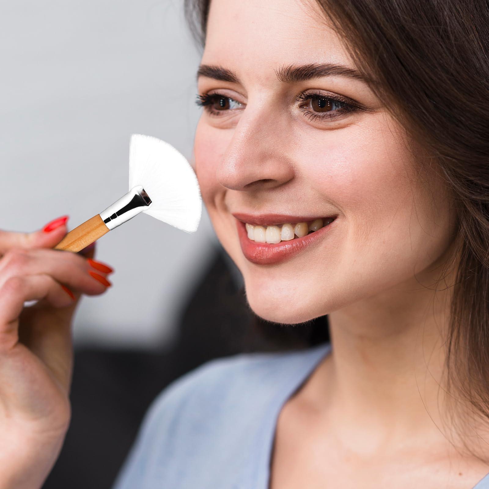 Xthrotsenk 4 Pcs Fan Brushes Facial Highlighting Make Up Brush Soft Bristle Blush Brush Esthetician Fluffy Fan Brushes Face Cosmetic Tools with Long and Short Handle for Women Loose Powder Blush