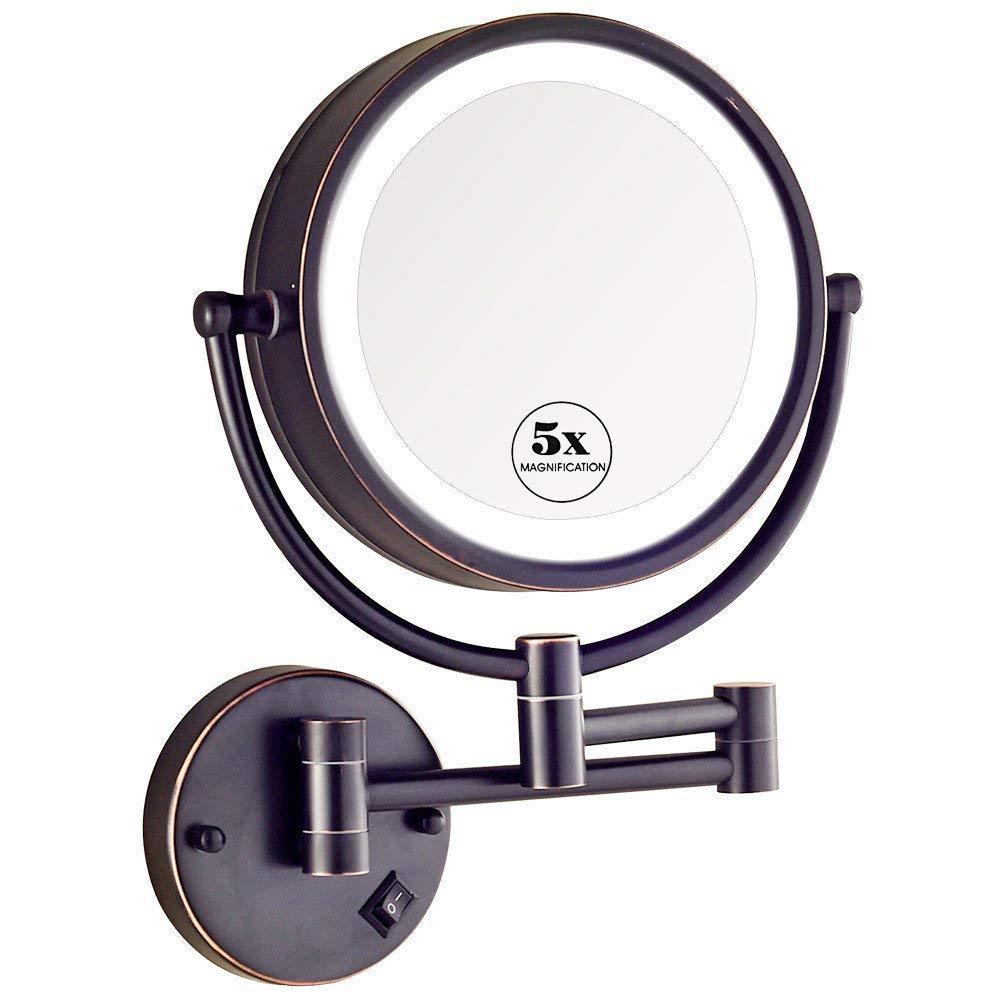 RomildaYuan RomildaYuan Wall Mount Makeup Mirror 5X Magnifcation with Lights, Wall Mount Vanity Mirror Oil Rubbed Bronze, Double Sided Bathroom Magnifying Mirror LED Lighted with Plug, 8.5 Inch, Brass