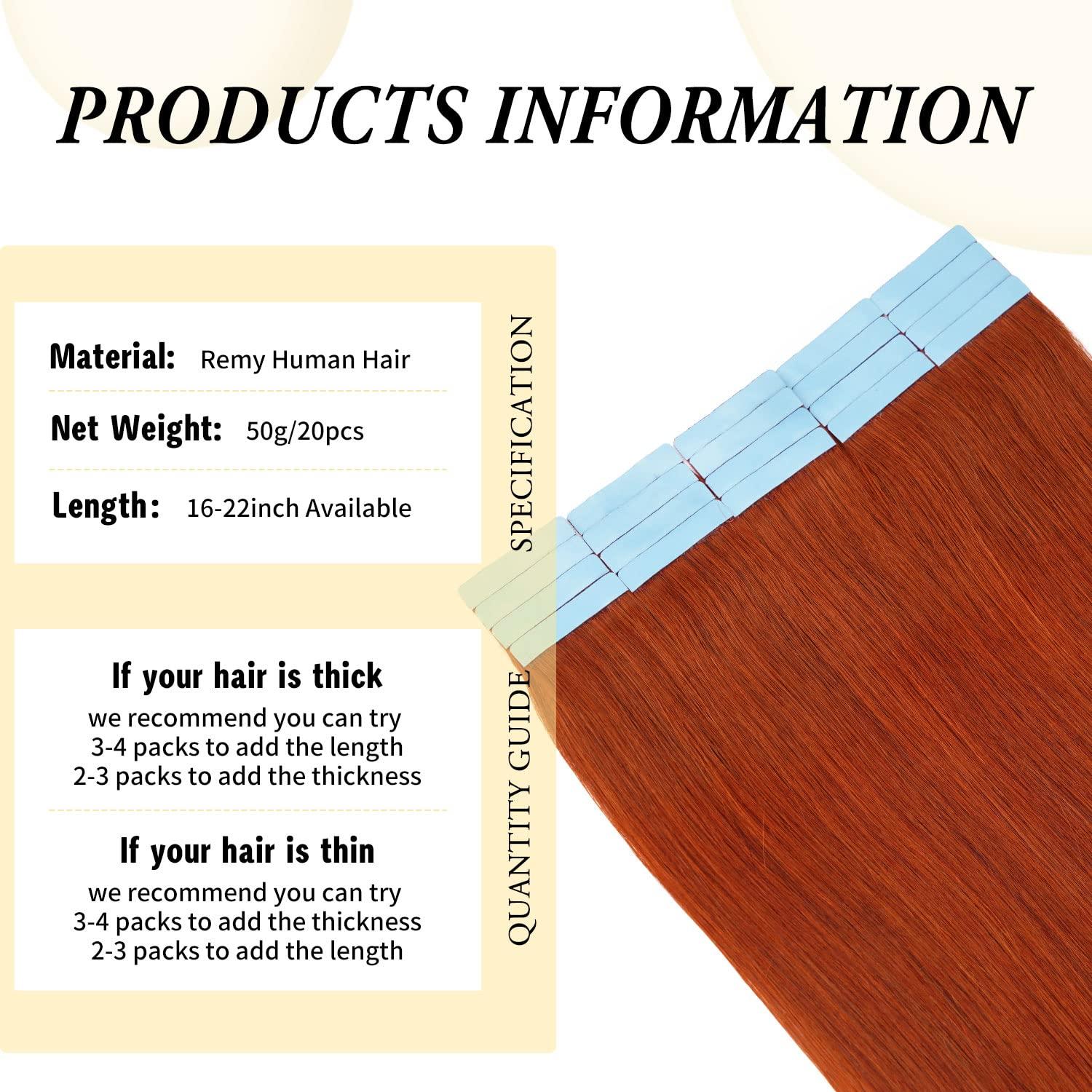 FAAAL 22 inch Tape in Hair Extensions Human Hair Invisible Straight Tape Hair Extensions for Women 20 Pcs/50g Seamless Skin Weft #350 Cooper Rad Real Hair Extensions Tape ins Human Hair