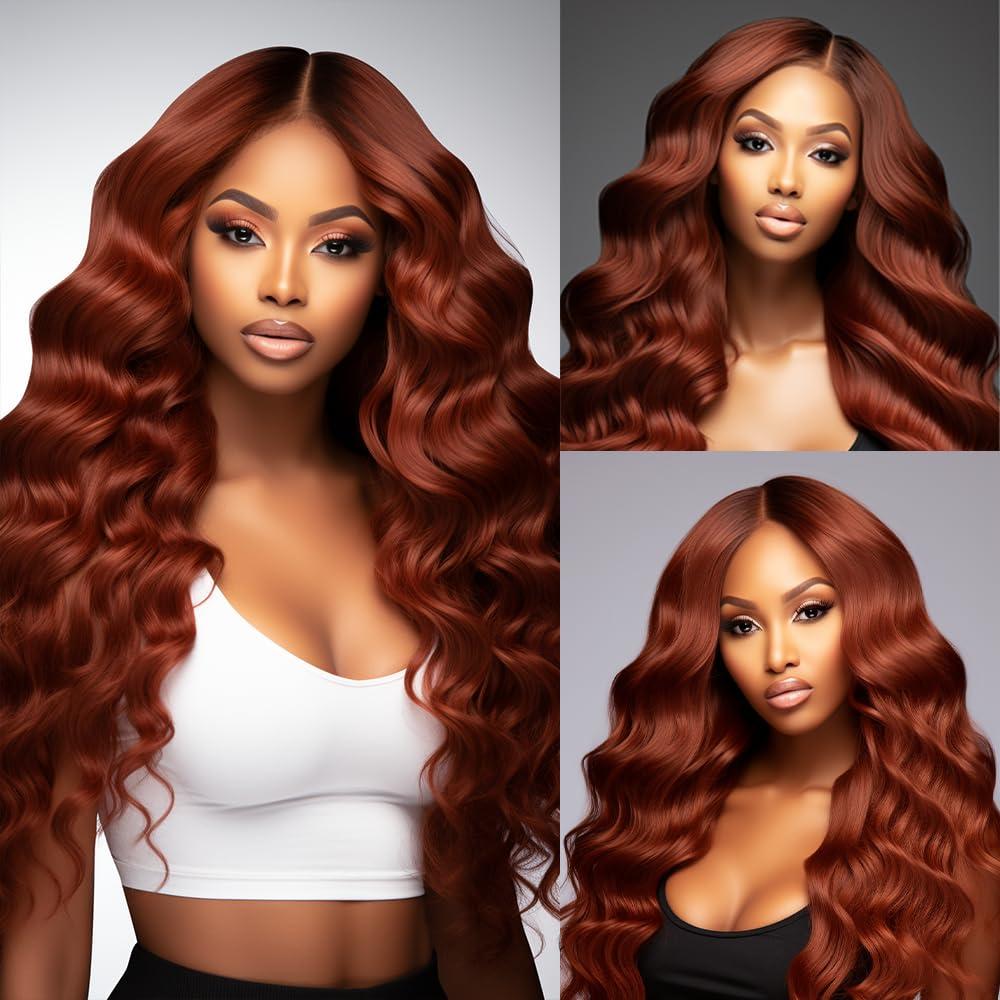 Yuksoocosh Color #33 Body Weave Bundles Human Hair Reddish Brown Body Wave Bundles Auburn Human Hair Double Weft Brazilian Remy Hair Weave Extensions Wet and Wavy Silky Soft for Black Women(20 22 24 Inch)