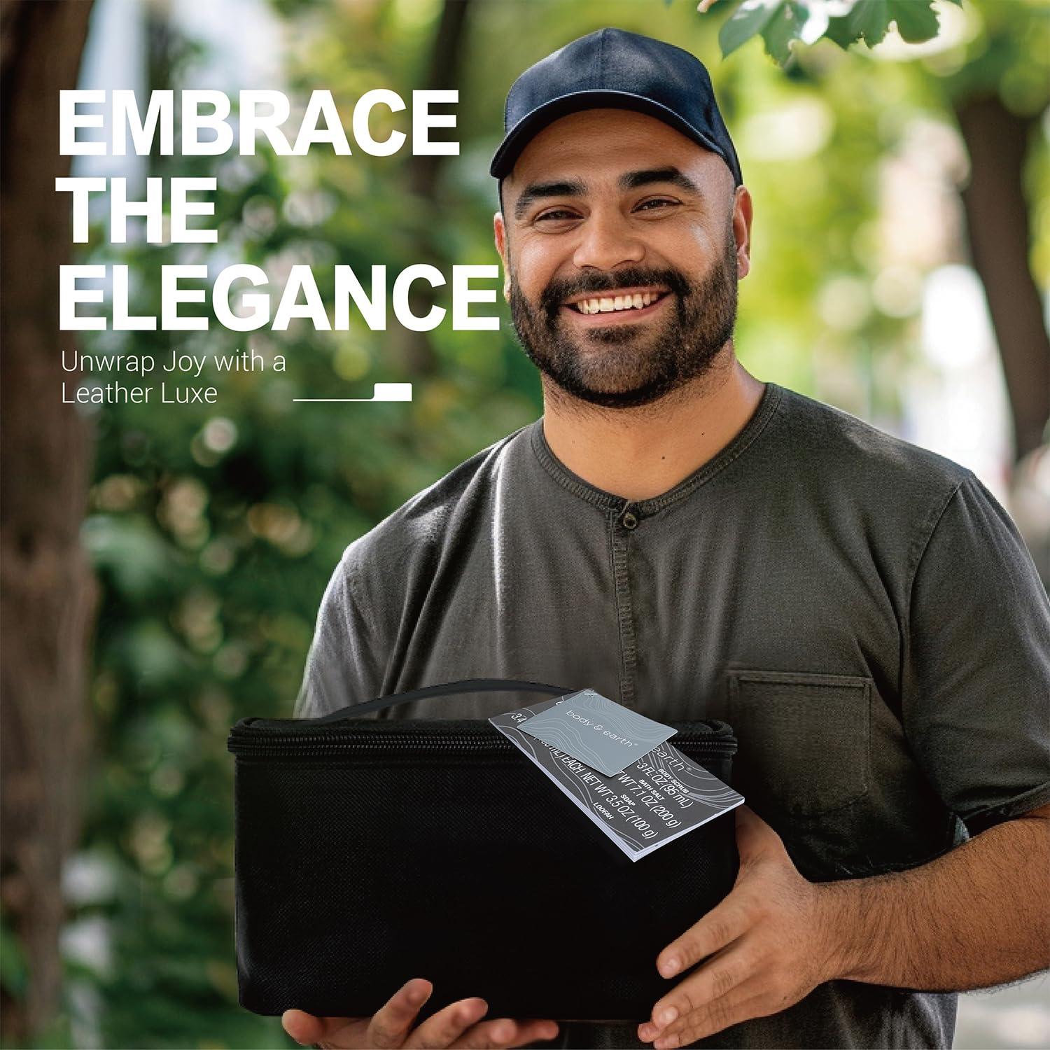 BODY & EARTH Gift Baskets for Men Body Wash Set Body & Earth Leathers Mens Bath Set with Body Lotion, Face Wash, Shower Gel, Bubble Bath, Loofah & More, Birthday Gifts for Men,regalos para hombre,Christmas Gifts