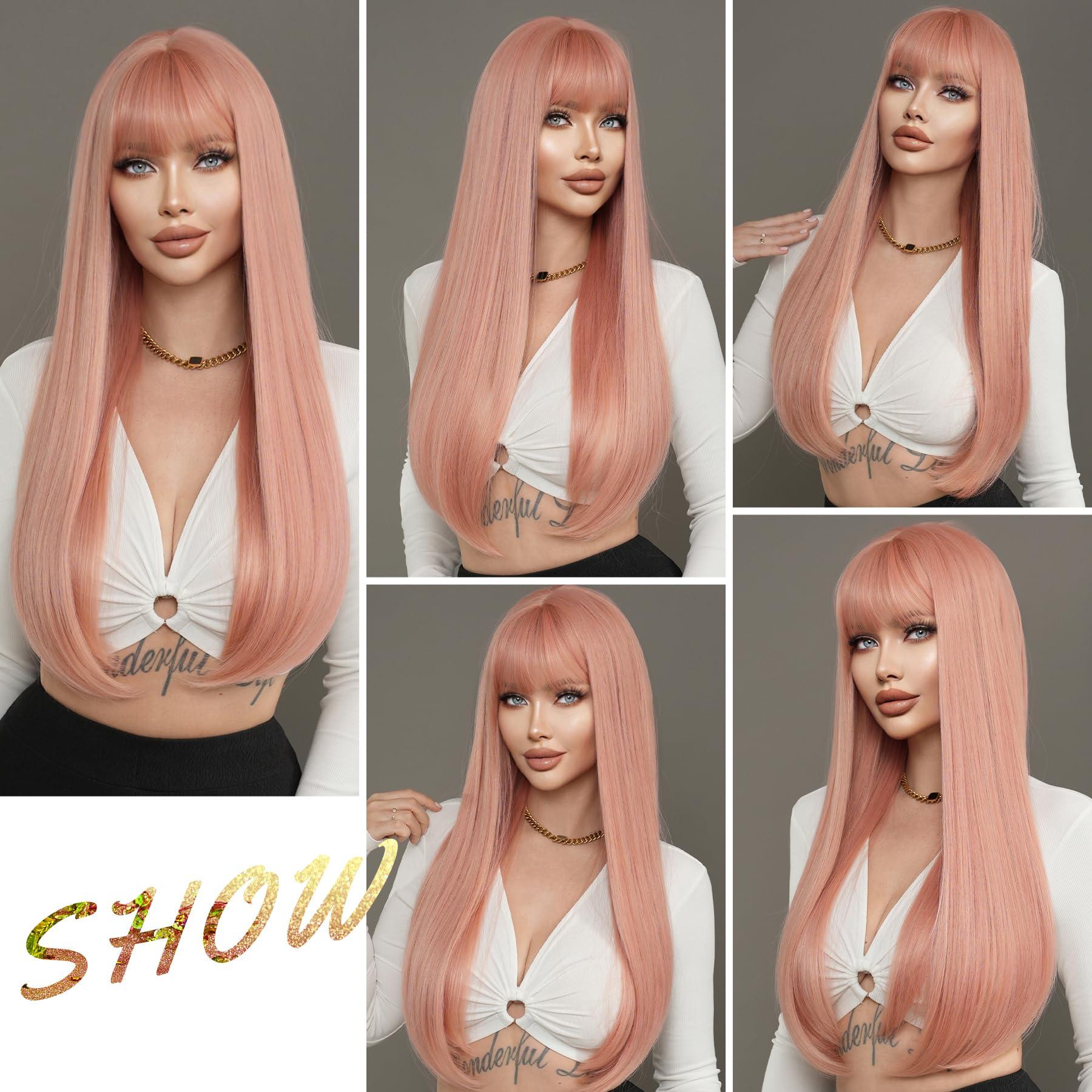 7JHH WIGS 7JHH WIGS Long Straight Light Pink Wig with Bangs 28in Wig with Pale Orange Natural Heat Resistant Fiber Synthetic Wigs for Women Girls Holiday Festival Chrismas Daily Party Used
