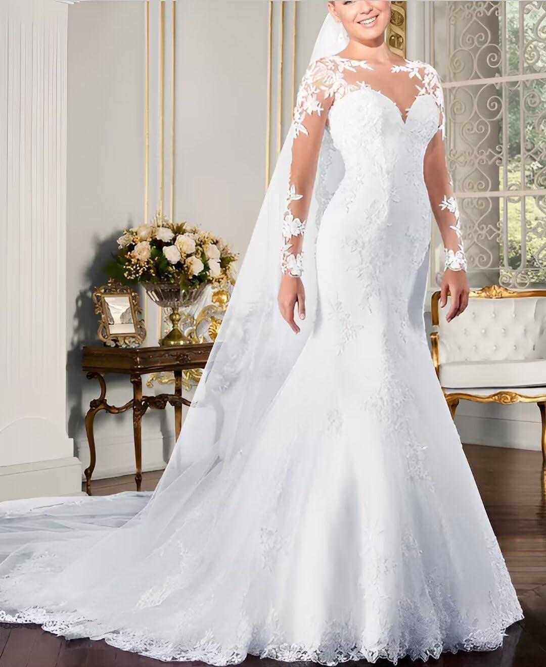 Chady Bridal Dresses for Bride 2021 Plus Size Mermaid Lace Long with Train V-Neck Wedding Gowns for Women White 22
