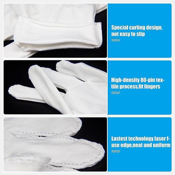 BUZJGRA 7 Pairs White Cotton Gloves for Dry Hands Sleeping, Breathable Moisturizing Gloves Overnight for Women and Men Eczema Safety Work Serving Costume Inspection