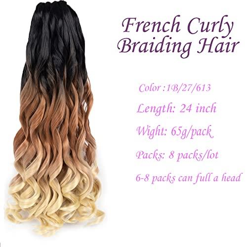 kossys French Curly Braiding Hair 24 inch 8 Packs 1B/27/613 Loose Wave Crochet Hair Pre Stretched Bouncy Yaki Braiding Hair Copper French Curl Braids Synthetic Hair Extensions