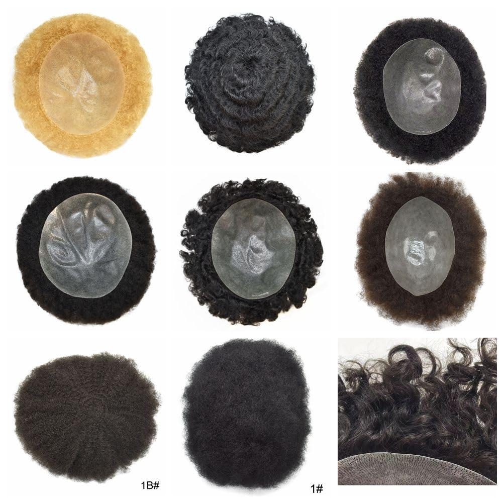 Generic Afro Toupee for Black Men Weave Units Full Poly PU African Americna Men Wigs Hand Tied Human Hair Replacement System Afro Kinky Curls Mens Toupee (6MM Wavy, 140# Jet Black With 40% Synthetic Gray)