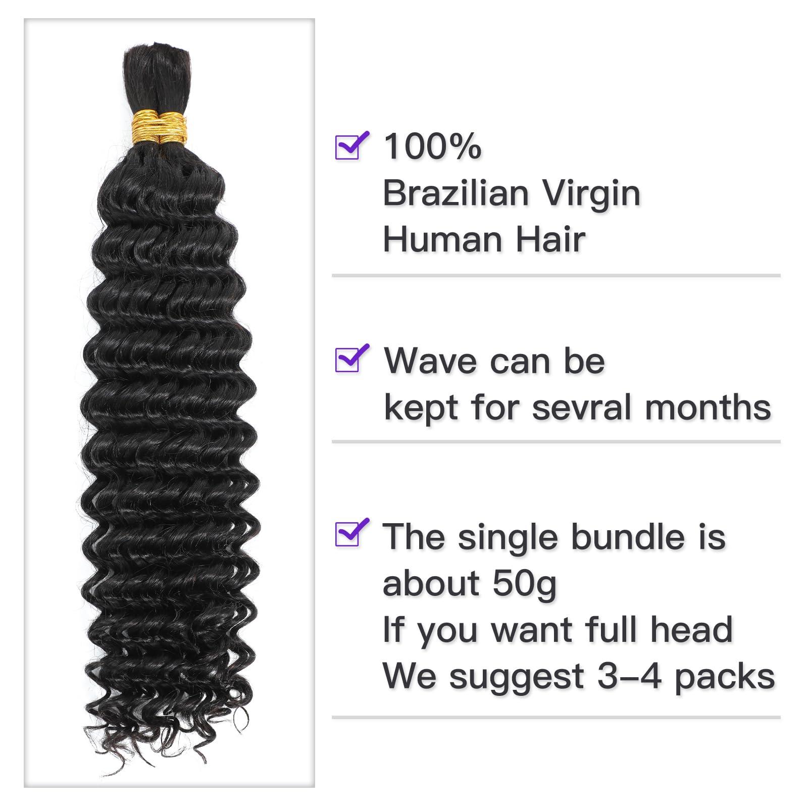 CAUBINO Human Braiding Hair Deep Wave Bulk 100% Unprocessed Brazilian Virgin Human Hair Extensions (1 Pack-2 Bundles) No Weft Micro Human Hair Bundles for Braiding Natural Black 26 Inch