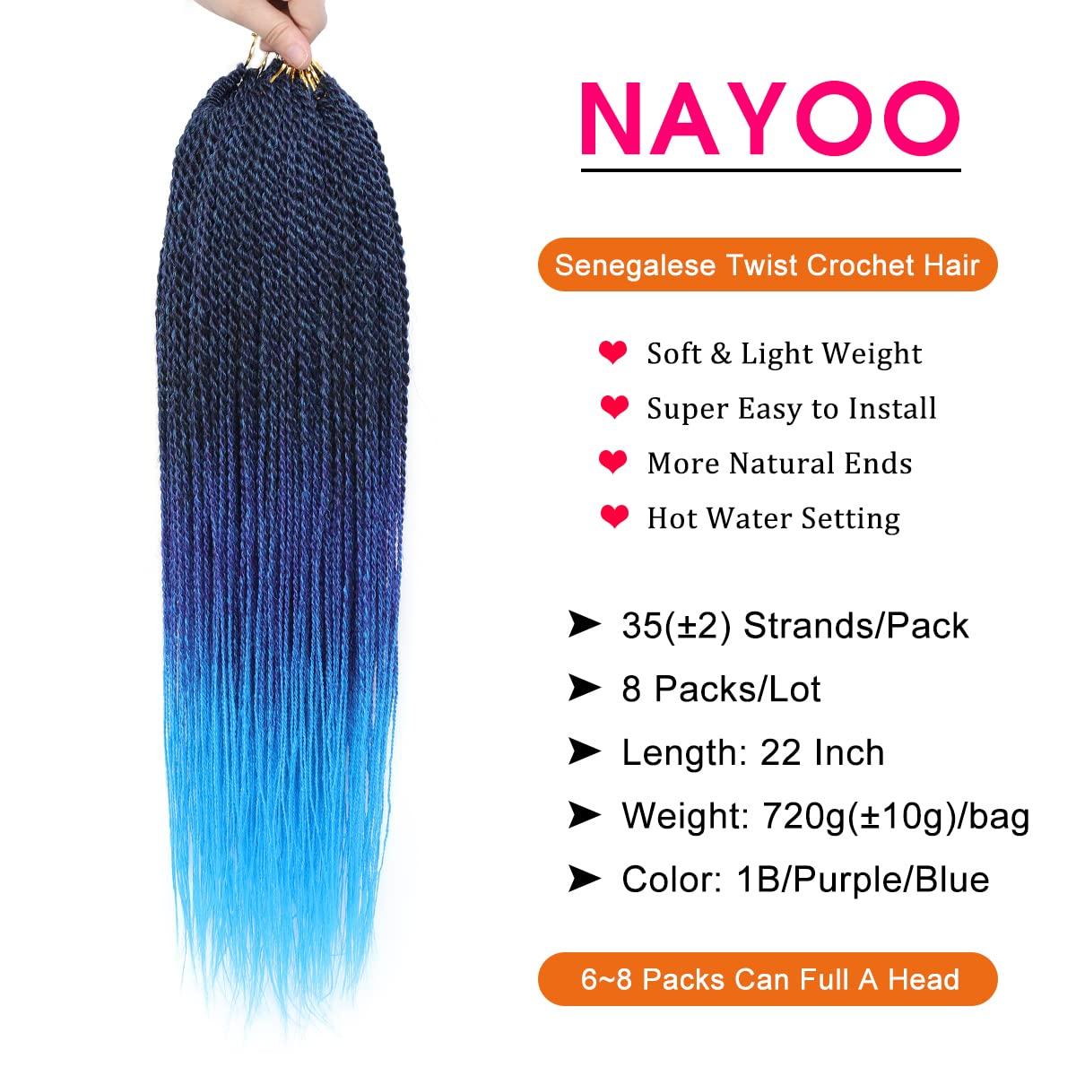 NAYOO NAYOO Blue Crochet Hair Senegalese Twist, 22 Inch 8 Packs Small Crochet Hair for Black Women, 35 Strands/Pack Braids Crochet Hair, Crochet Twist Hair Hot Water Setting (22 Inch, 1B/Purple/Blue)
