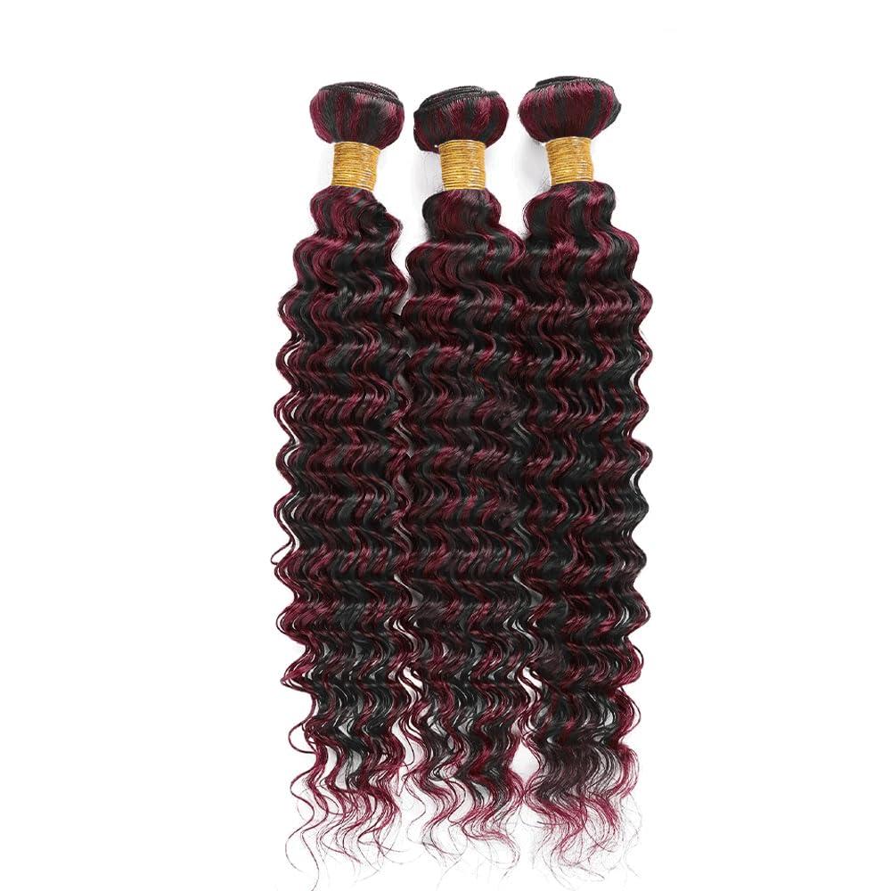 SUHKRPT Highlight Bundles P1B99J Deep Wave Human Hair Bundles Two Tone Black Mixed With 99J Burgundy Bundles Human Hair 3 Bundles 24 24 24 Inch Ombre Wine Red Bundles