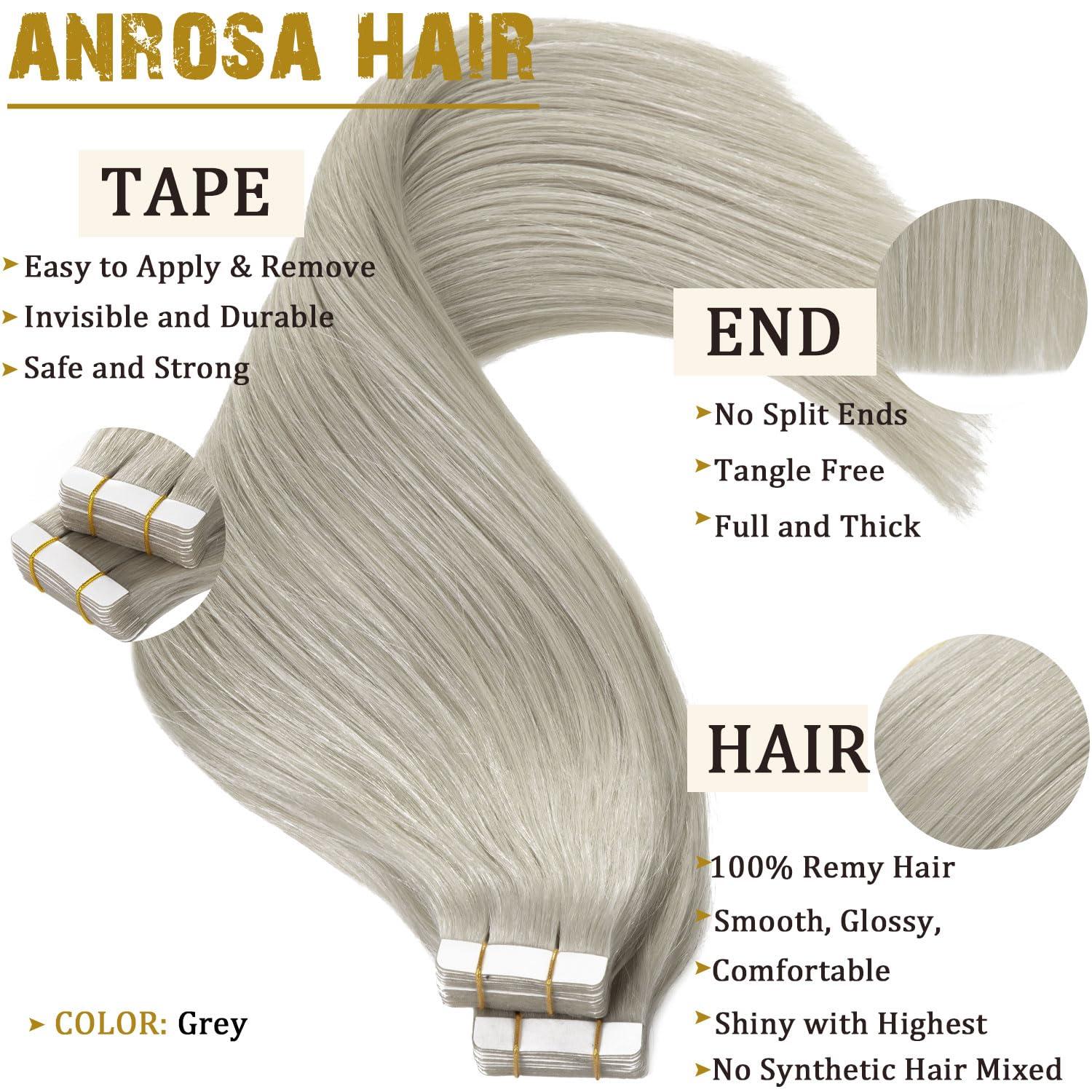 Anrosa Anrosa Invisible Tape in Hair Extensions Human Hair Straight Remy Real Human Hair Extensions Virgin Human Hair Extensions Tape in Grey 14 Inch 50g 20pcs