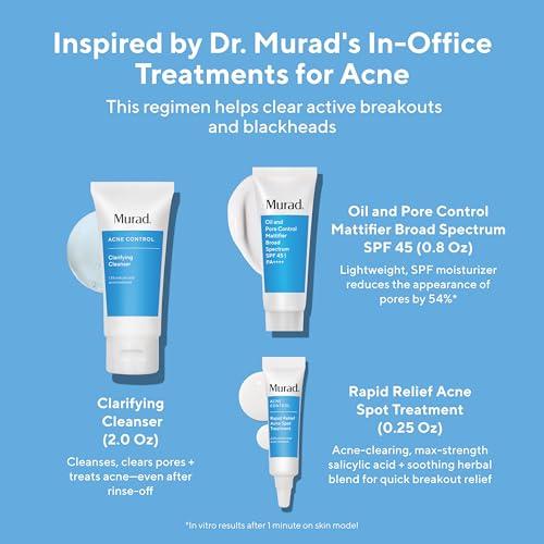 Murad Murad Acne Trial Kit - Clear Breakouts + Control Oil 3-Piece Trial Kit ($50 Value) - Clarifying Cleanser 2Fl Oz, Rapid Relief Acne Treatment 0.25Fl Oz, Oil & Pore Mattifer SPF 45 0.8Fl Oz