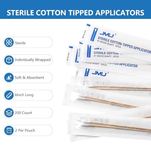JMU JMU 6 Inch Sterile Cotton Tipped Applicators, 200 Count Long Cotton Swabs, Wood Shaft Medical Swabs
