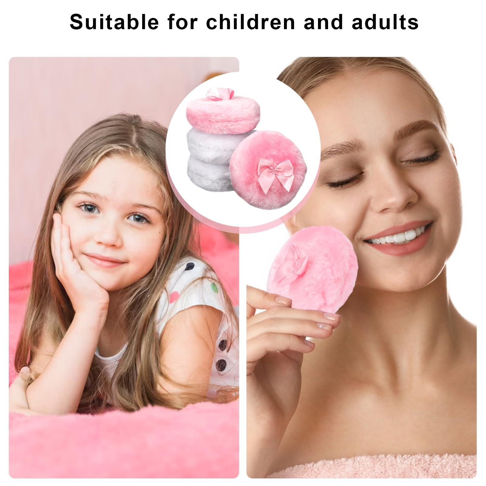 KALIONE 4Pcs Large Fluffy Powder Puff, White Powder Puff, Powder Puffs for Face powder, Ultra Soft Body Powder Puff, Soft Face Body Powder Puff, Washable Reusable Makeup Puffs(White/Pink)