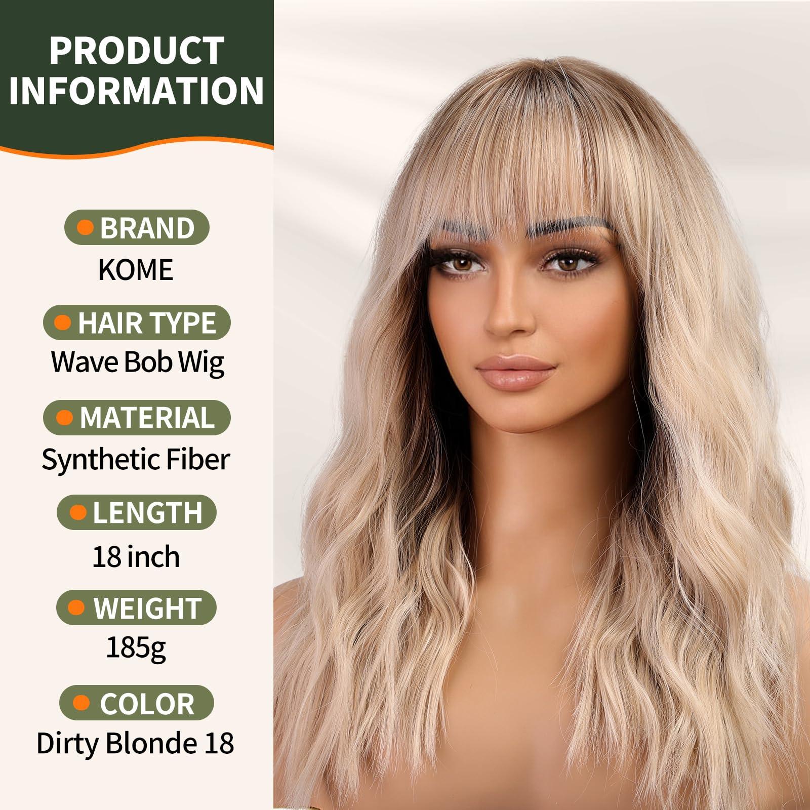 KOME KOME Blonde Wig with Bangs,Dirty Blonde Wavy Wigs for Women,Shoulder Length Curly Synthetic Hair Wig for Party Daily Use 18IN