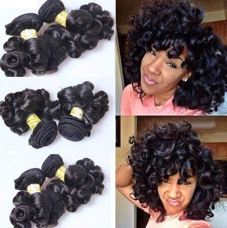 RJ HAIR Short Bouncy Curly Human Hair Extensions 3pcs/Lot Peruvian Remy Fumi Curly Hair Wefts Natural Color Spring Curl Hair Bundles (10 10 12inch, Color 1#)