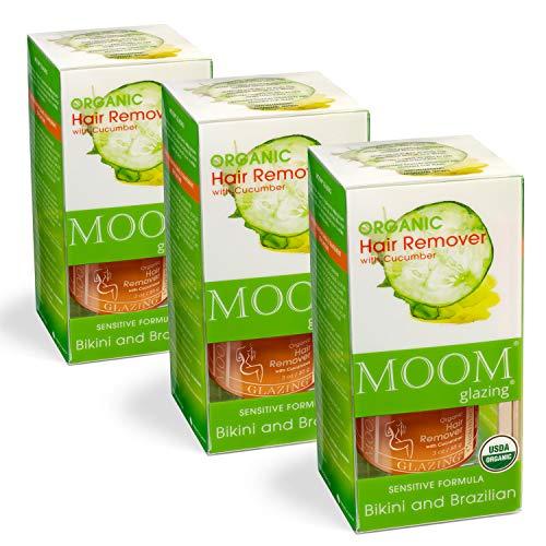 MOOM MOOM Organic Sugar Wax Kit for Hair Removal with Cucumber & Lemon Juice - Natural Sugaring Glaze for Body & Bikini – Includes 12 Waxing Strips & 6 Applicators 3 oz. 3 Pack