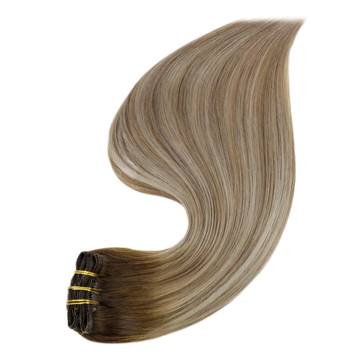 Full Shine Full Shine Balayage Brown Human Hair Clip in Extensions 20 inch Dark Brown to Light Brown Mix Blonde Balayage Clip in Hair Extensions Straight Real Hair Extensions Double Weft 7pcs/120g