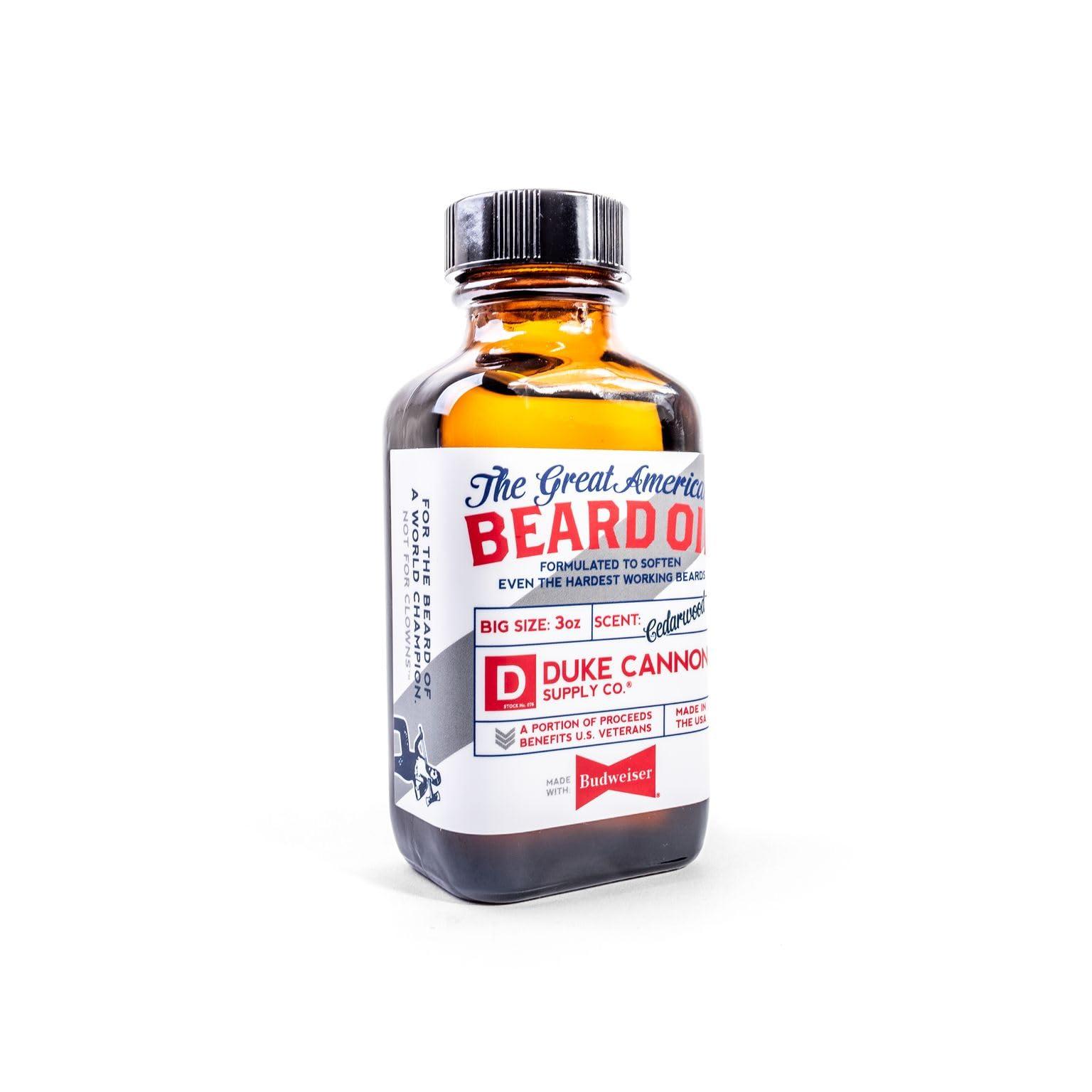Duke Cannon Supply Co. Duke Cannon Great American Beard Oil with Budweiser - Natural Conditioning with Apricot Kernel Oils, Warm Cedarwood Scent, 3 oz.