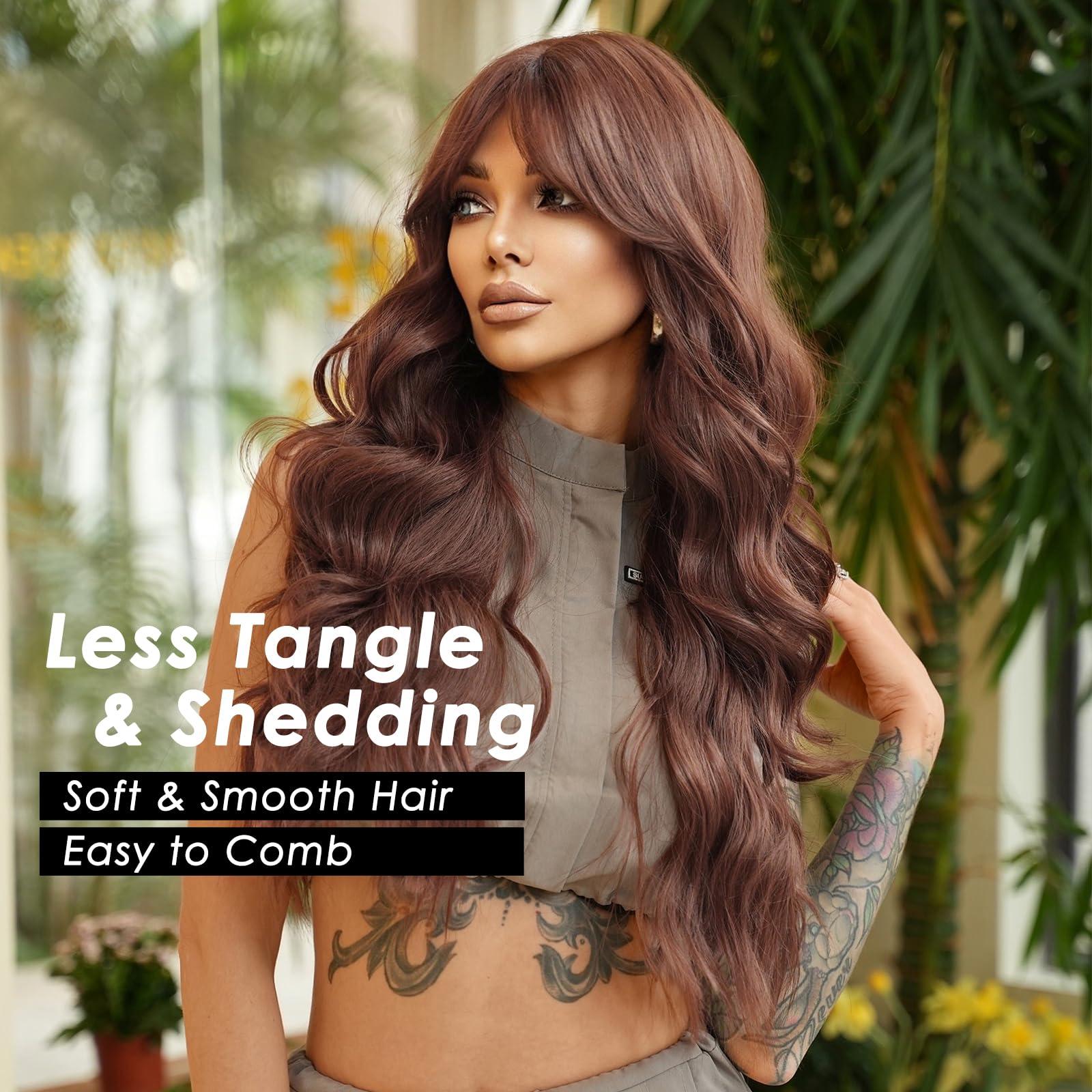 PARK YUN PARK YUN Long Wavy Reddish Brown Wigs With Bangs 28 Inch Chocolate Brown Side Part Curtain Bangs Heat Resistant Synthetic Wig Natural Looking Wigs for Women Daily Party Use