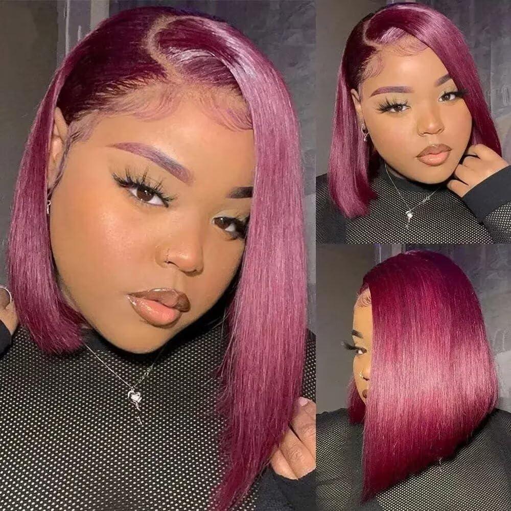 oulaer Burgundy Bob Wig Human Hair 13x4 Side Part Red Bob Lace Front Wig Human Hair for Women 150% Density Pre Plucked for Women Brazilian Remy Hair with Baby Hair 12Inch