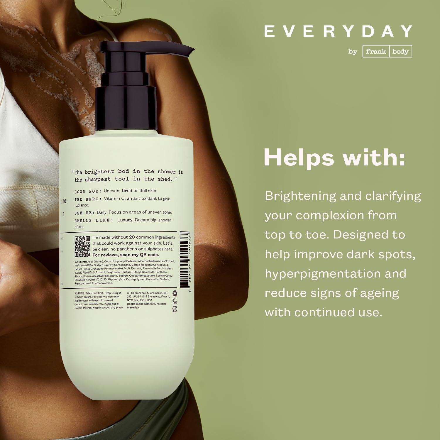 frank body frank body Brightening Body Wash | Vegan & Cruelty Free | Evens Tone & Brightens Complexion | Made with Vitamin B & C, Kakadu Plum and Pomegranate | Bamboo & Camellia Scent | (360 mL / 12.17 fl oz)