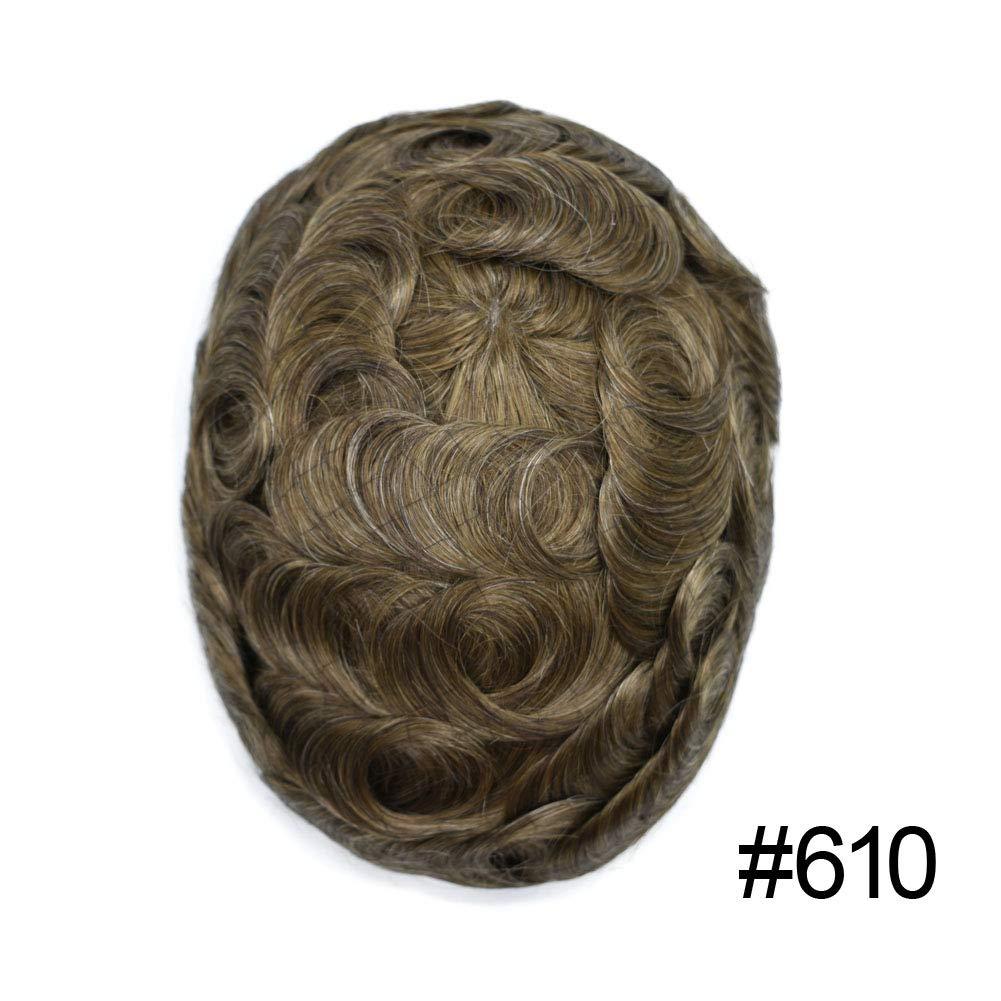 JUST HAIR Toupee for Men Human Hair Replacement Systems Full French Lace Mens Toupee Hairpieces Bleached Knots Swiss lace Hair Systems for Men All Lace Male Wig Unit(8X10\"-120% density#610 Light Brown with 10% Gray )