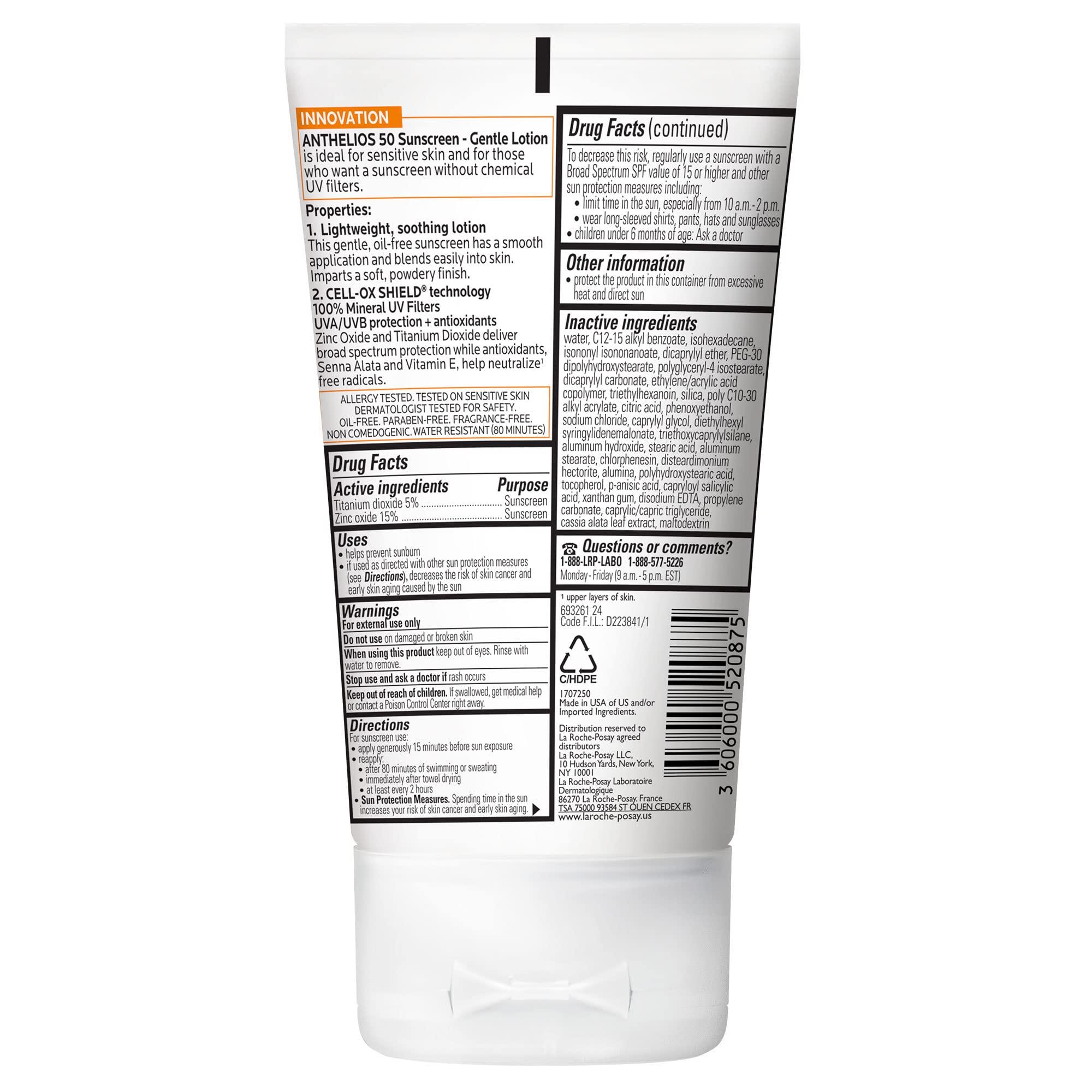 La Roche-Posay La Roche-Posay Anthelios Mineral Sunscreen SPF 50 Gentle Lotion, Broad Spectrum SPF + Antioxidants, Face & Body Sunscreen, Titanium Dioxide & Zinc Oxide, Oxybenzone Free, Oil Free