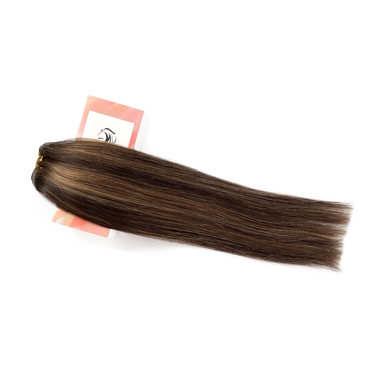 Valiilo Weft Hair Extensions Human Hair 24 Inch Sew in Hair Extension Real Human Hair 120G Double Weft Ombre Light Brown to Ash Brown Highlights Sew in Human Hair Extension Full Head Remy Hair Weft Extension