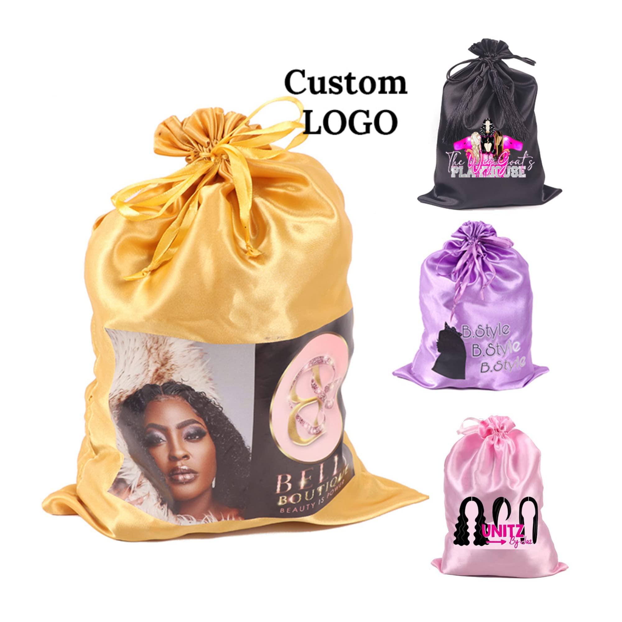 Ecojunmi Custom Printed Wig Storage Satin Bags with Drawstring, 20-100 Pcs/Lot Personalized Logo Silk Hair Bag For Hair Bundles Headband Wig Lace Wig, Pouches Gift Bags Cosmetic Bags (50Pcs/Lot, White)