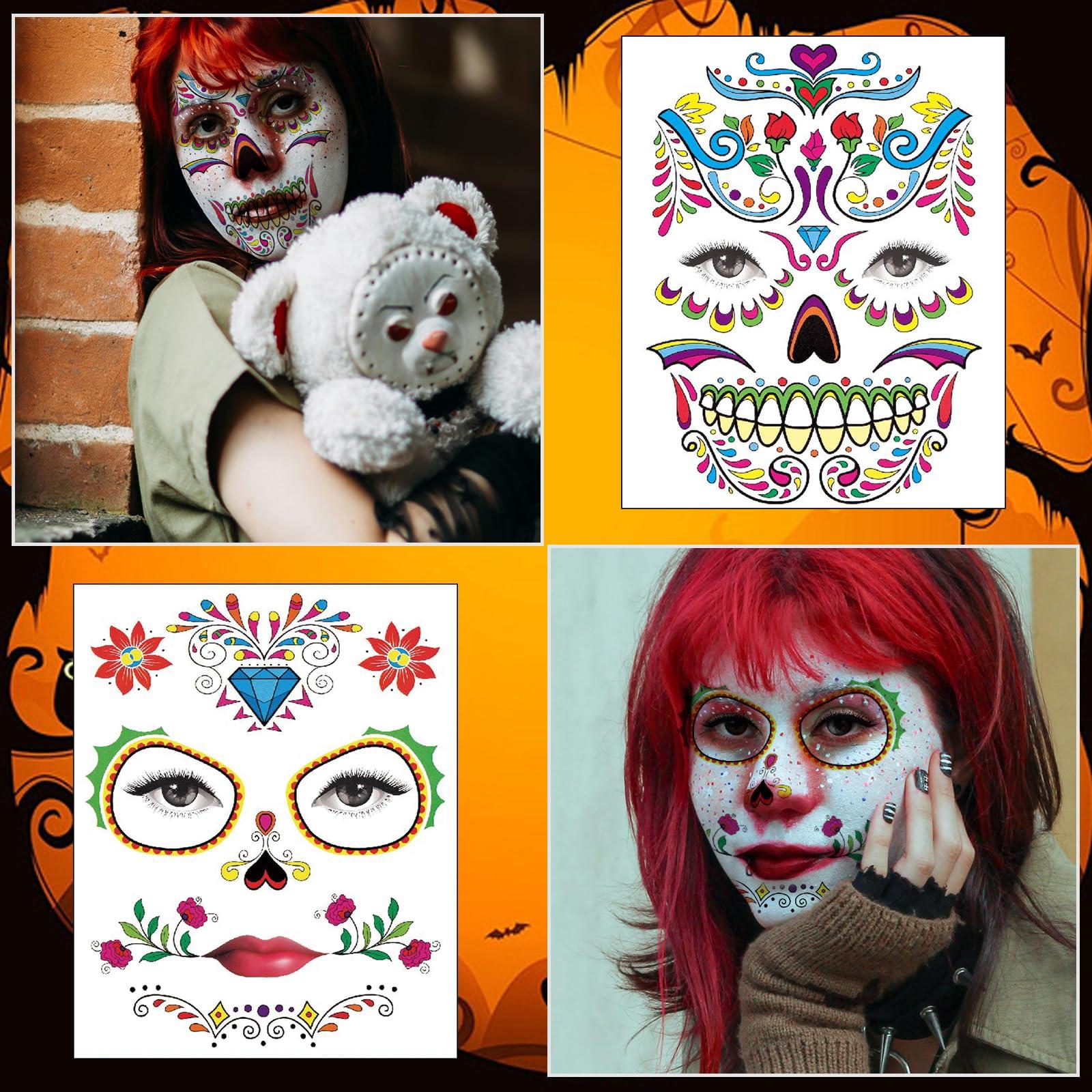 ARPOVIST 8 Sheets Temporary Face Tattoo,Temporary Sugar Skull Face Stickers,Halloween tattoos,Day of the Dead Face Tattoos,Face & Body Tattoos Waterproof Makeup Tattoo Stickers for Halloween Party Makeup
