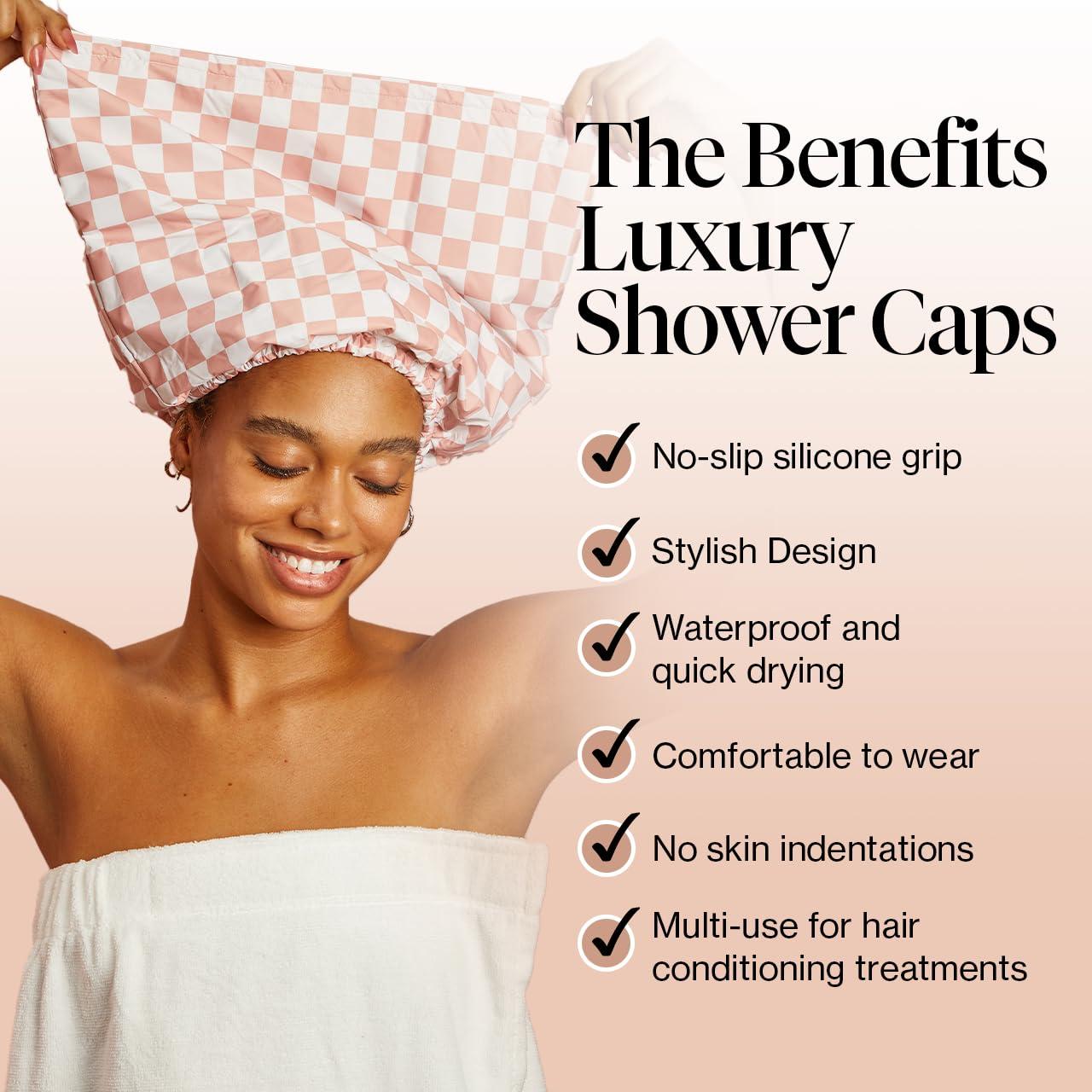 Kitsch Kitsch Luxury Shower Caps for Women Reusable Waterproof - Flexi Satin Lined, Large Shower Cap for Men, Non-slip, Quick-dry, Adjustable, Stylish Hair Cap for Long & Short Hair - Terracotta Checker