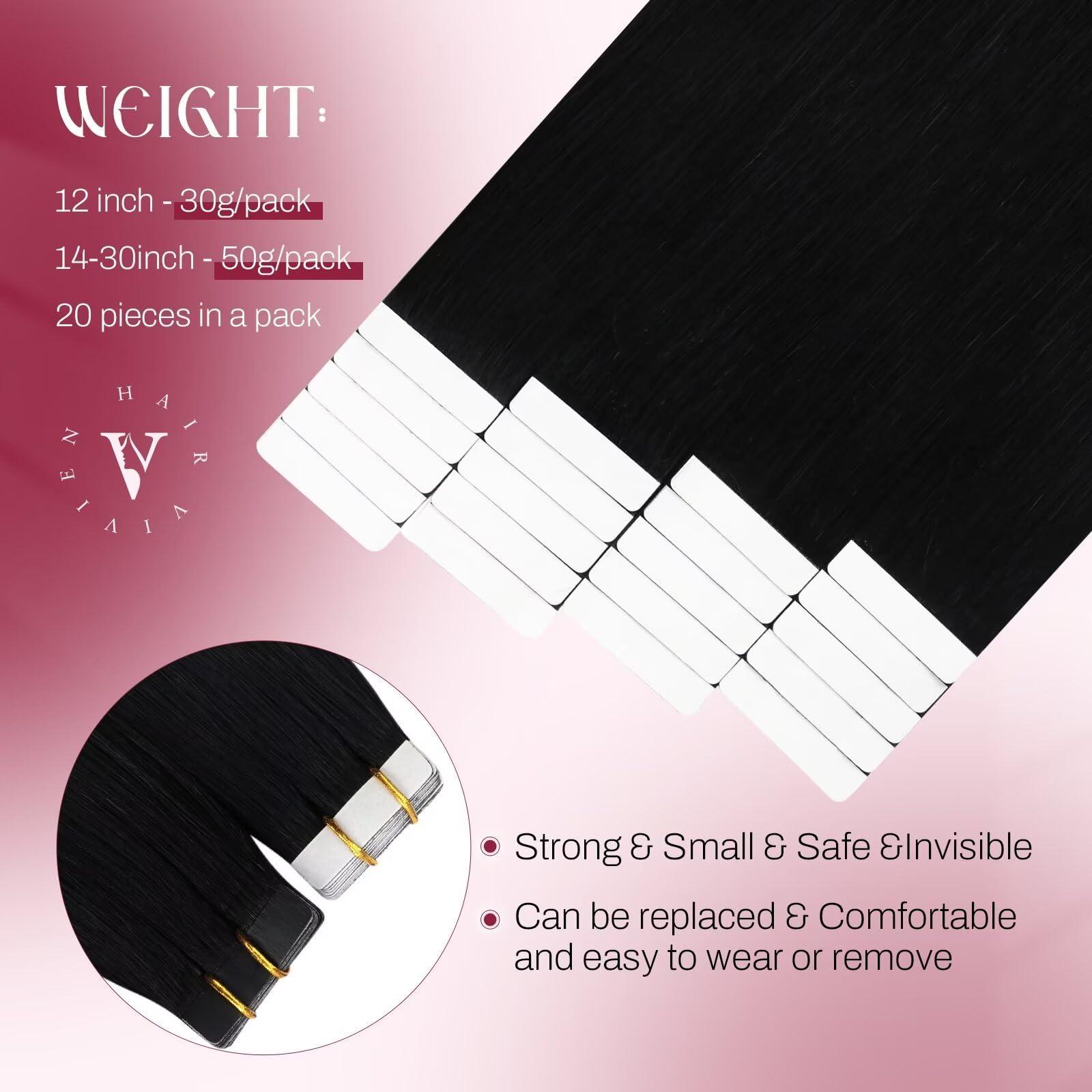 Vivien Vivien Tape in Hair Extensions Human Hair 24 Inch Invisible Real Human Hair Tape in Extensions Jet Black Tape in Extensions Reamy Hair Black Long Straight Human Hair 20pcs 50G