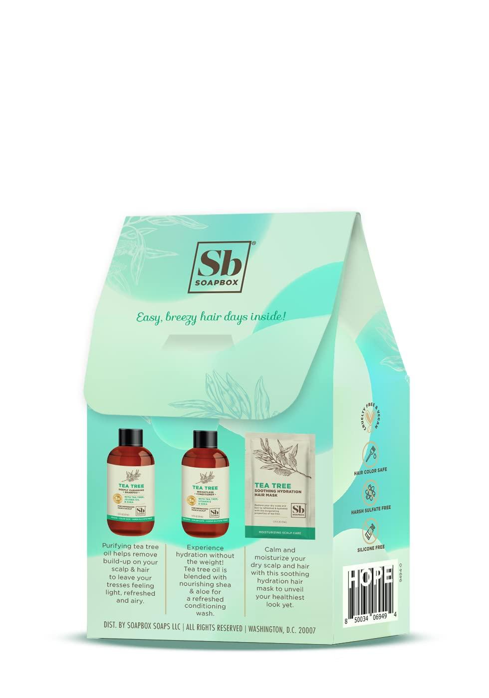 Soapbox Soapbox Haircare Gift Set of 3, Travel Sized Shampoo & Conditioner with Tea Tree Oil + Scalp Treatment to Cleanse Build Up, Cleansing Hair Care Set of Three in Gift Box Easy, Breezy Hair Days Inside!