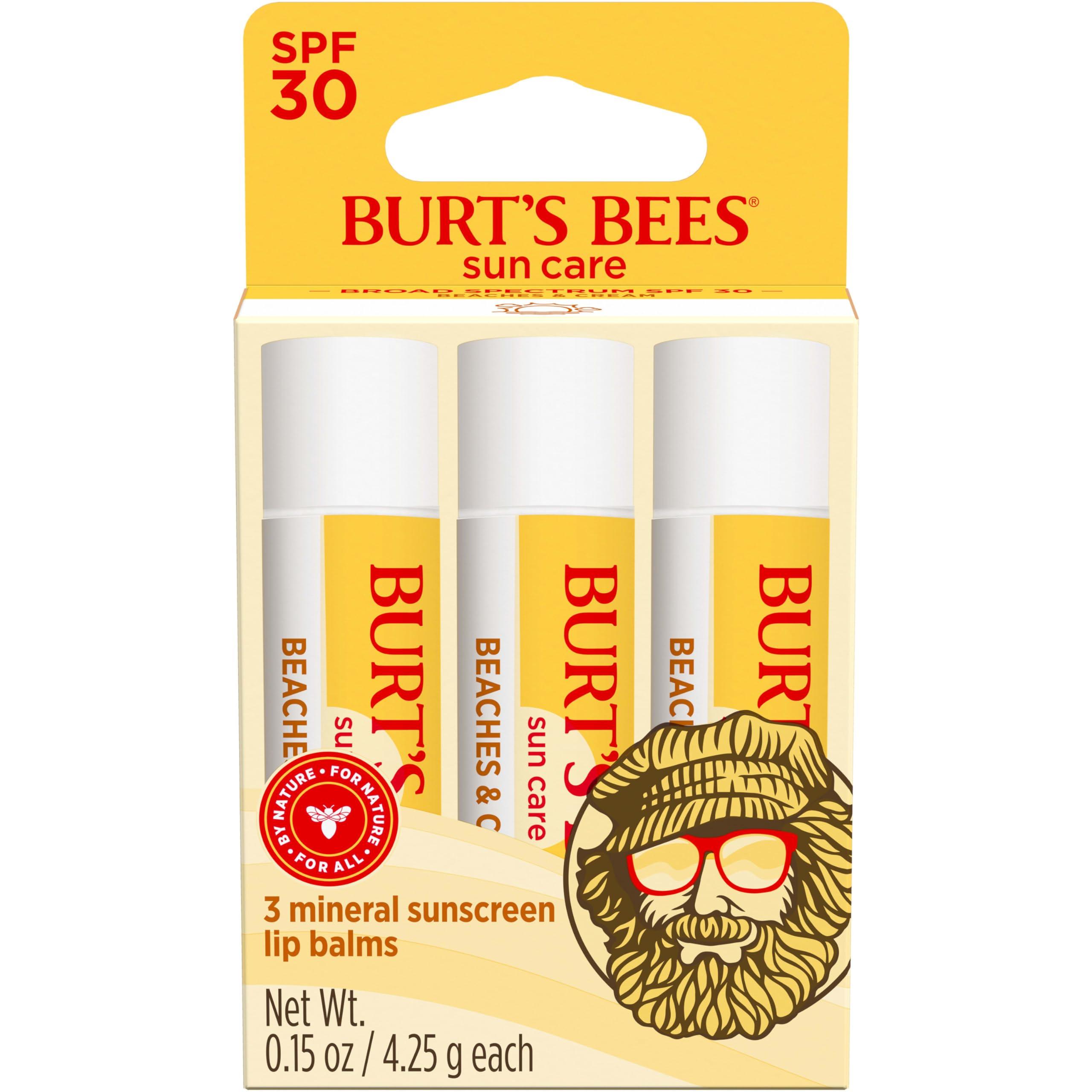 Burt's Bees Burts Bees SPF 30 Lip Balm, Beaches and Cream, Water-Resistant Sun Care, Nano-Free Zinc Oxide Formula, Natural Origin Conditioning Lip Treatment, 3 Tubes, 0.15 oz.