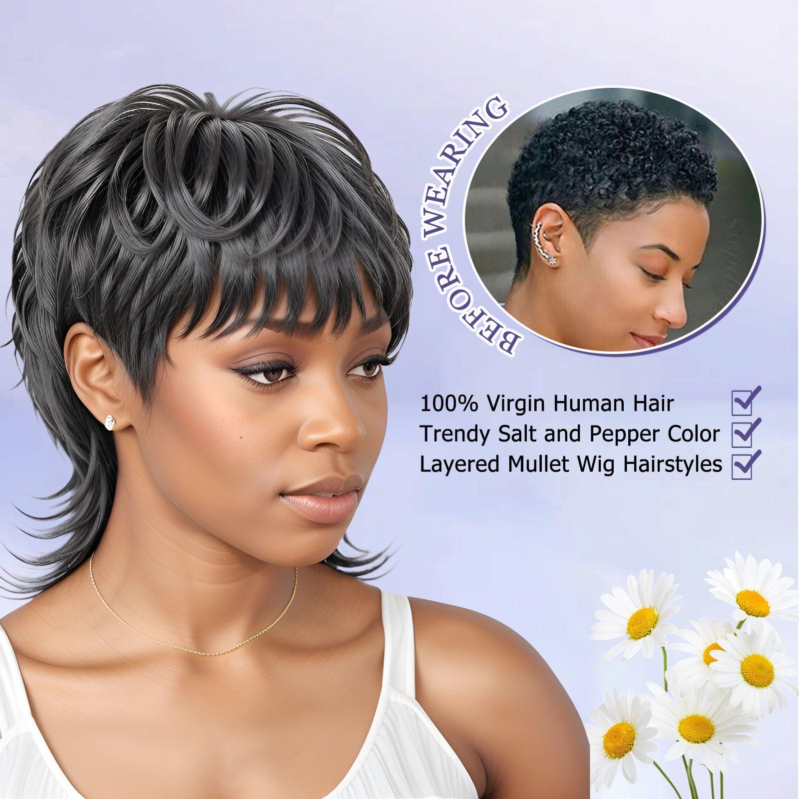 HANASCC HANASCC 12\" Salt and Pepper Wigs for Women 70s 80s 90s Shaggy Layered Mullet Human Hair Wig with Bangs Glueless Grey Human Hair Wig for Women Curly Short Pixie Cut Wig Full Machine Gray Human Hair Wig