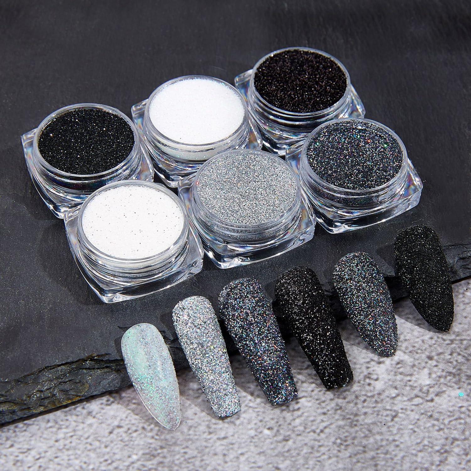 Bellecrey 6pcs White Rainbow Nail Glitter Holographic Shining Nail Glitter Candy Coat Powder Sugar Coating Effect Powder Silver Nail Powder Nail Art Decorations Dust Diamond Dust for Nails