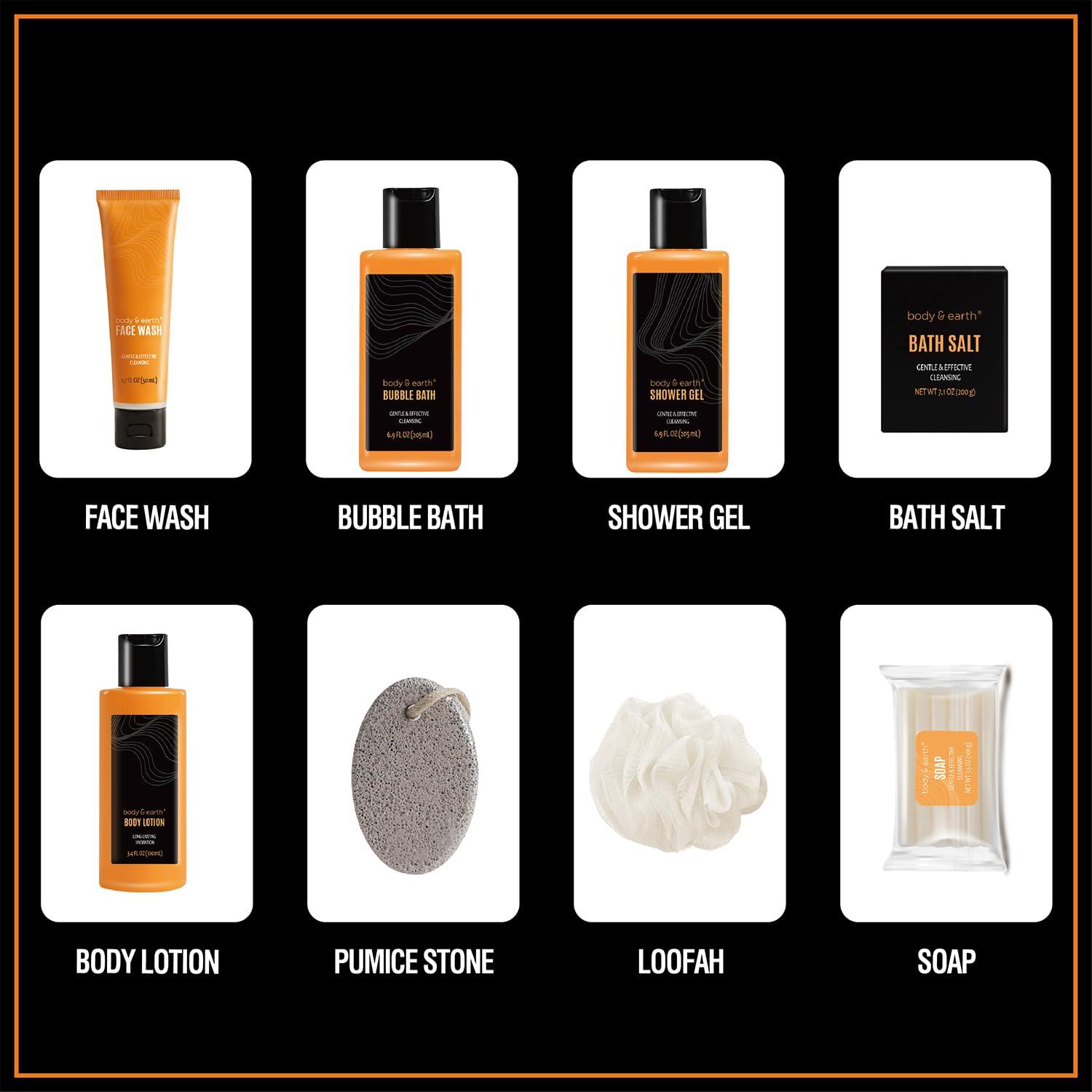 BODY & EARTH Gift Baskets for Men Bath and Body Gift Set Body & Earth Citrus Scented Mens Bath Set with Body Lotion, Shower Gel, Bubble Bath, Loofah & More, Birthday Gifts for Men