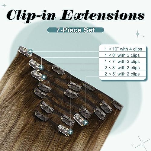Full Shine Full Shine Balayage Brown Human Hair Clip in Extensions 20 inch Dark Brown to Light Brown Mix Blonde Balayage Clip in Hair Extensions Straight Real Hair Extensions Double Weft 7pcs/120g