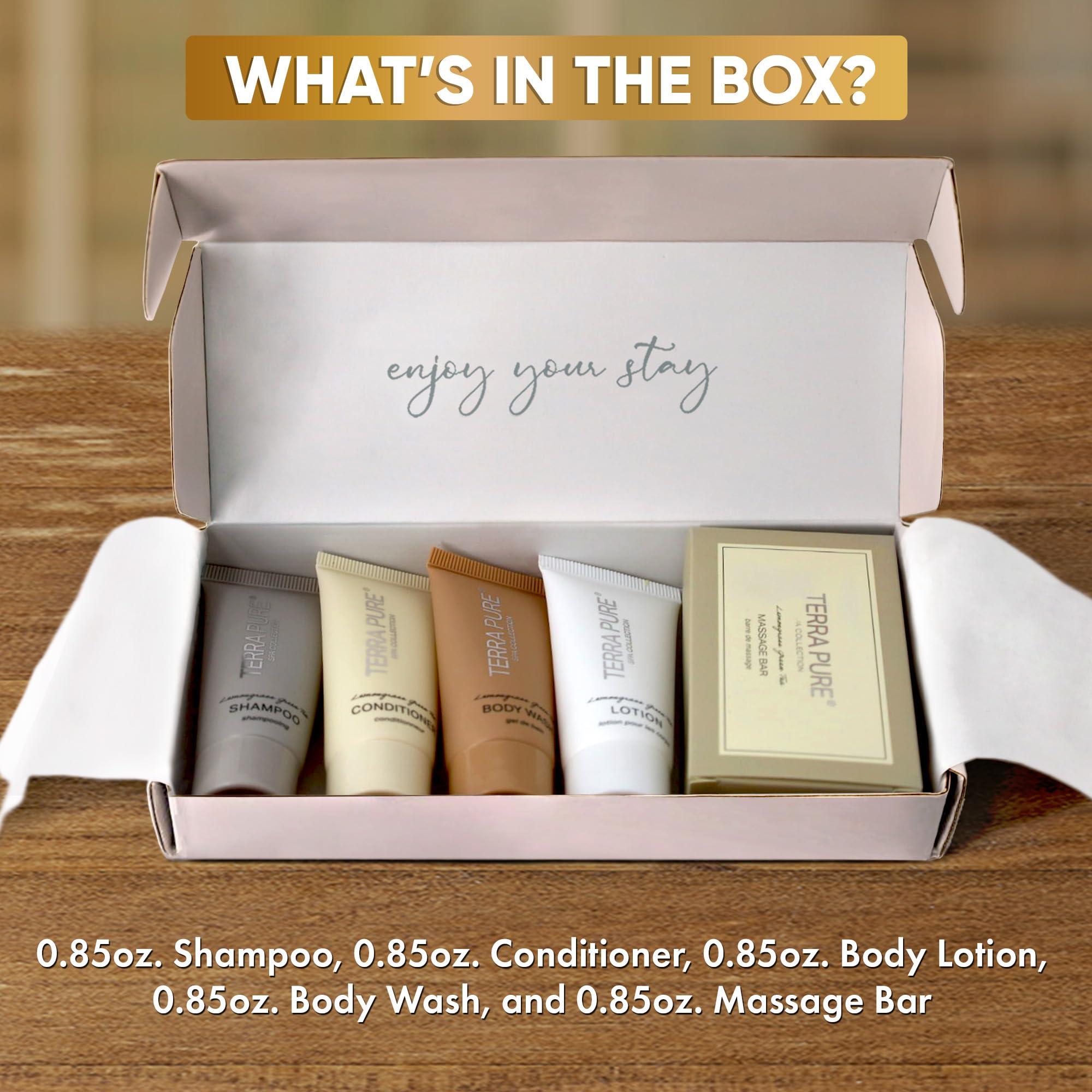 Terra Pure Terra Pure Spa Collection Amenity Kit | Hotel Bulk Toiletries | 0.85 oz Shampoo, Conditioner, Lotion, Body Wash, Massage Bar for Guest Hospitality Vacation Rentals | 1 Set/Case