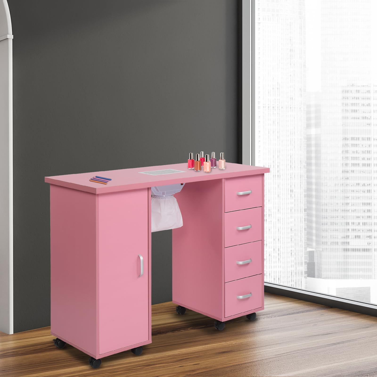 Vasitelan Vasitelan Manicure Nail Table Station, Salon Spa Nail Desk with Electric Downdraft Vent, Locking Castors, Storage Cabinet, 4 Removable Drawers (Pink)