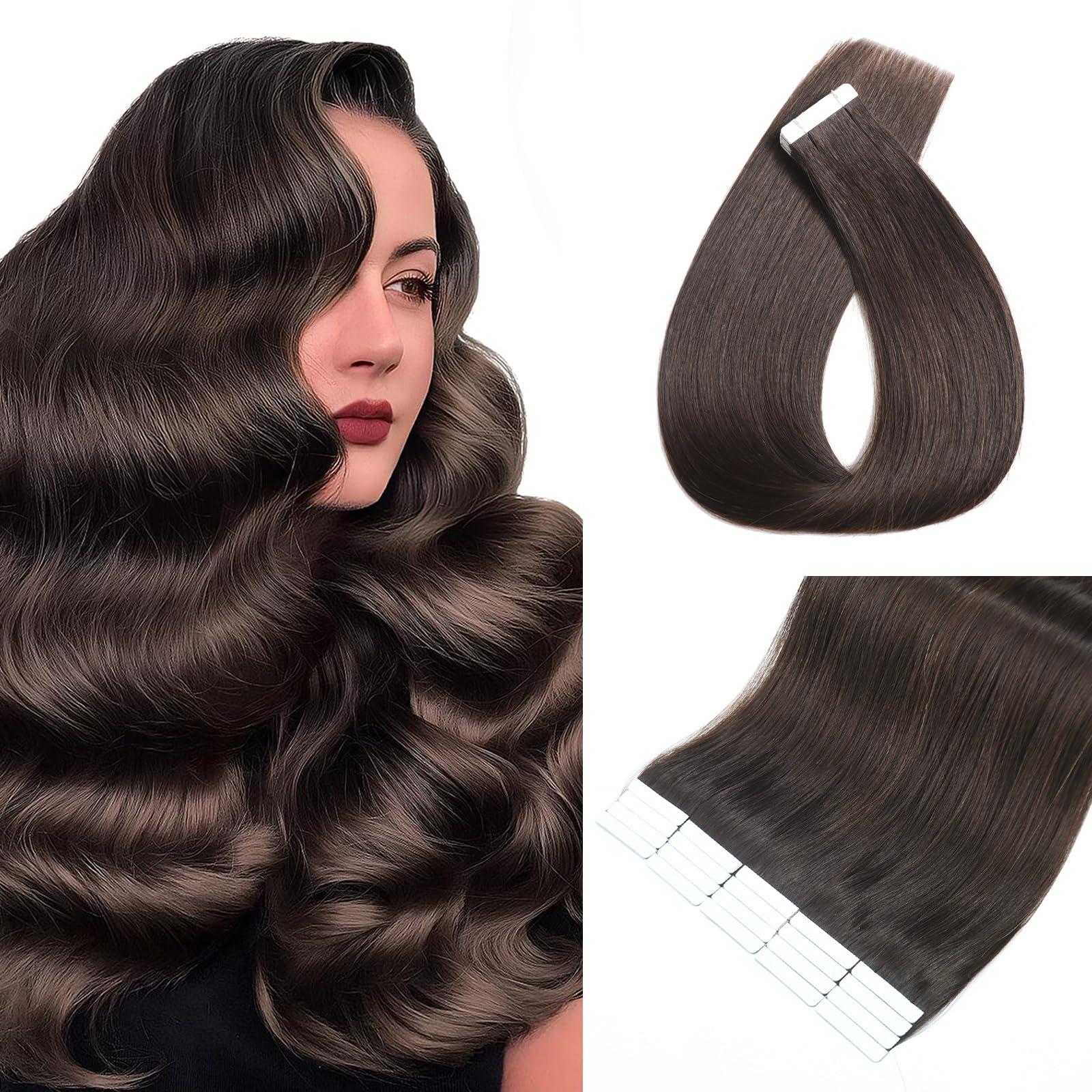 YGP YGP Brown Tape in Hair Extensions Human Hair 22 Inch 50g 20 pcs Dark Brown Tape in Extensions Seamless Skin Weft Invisible Tape Hair Extensions